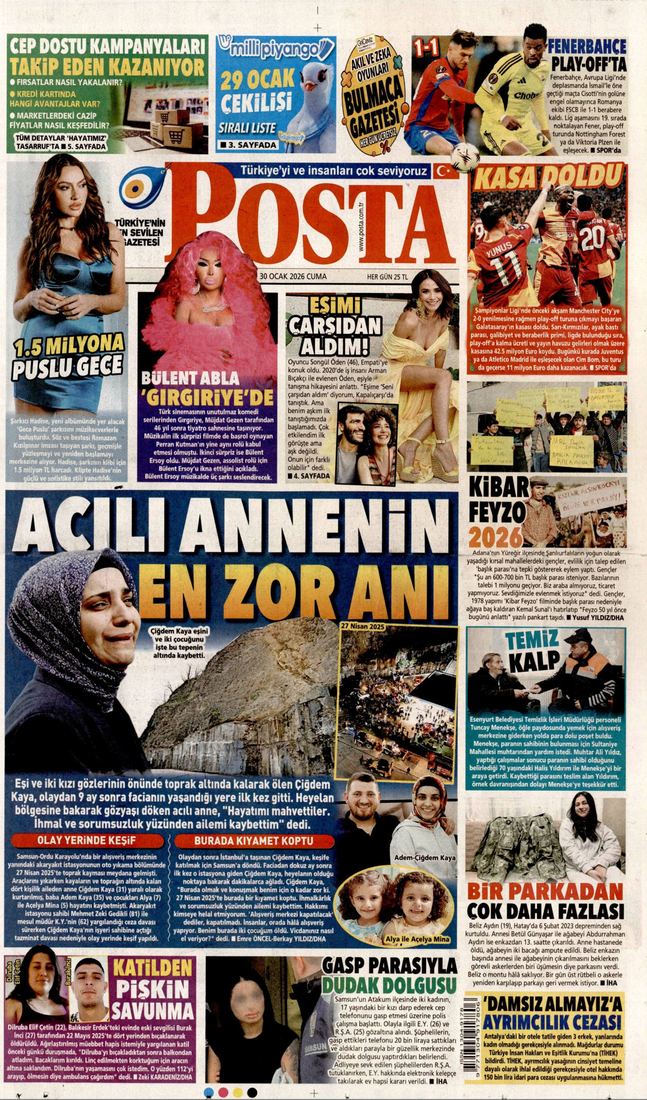 POSTA gazetesinin 30 Ocak 2026 tarihli birinci sayfası