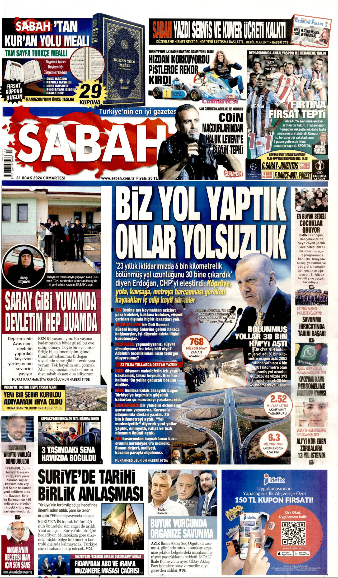 SABAH gazetesinin 31 Ocak 2026 tarihli birinci sayfası