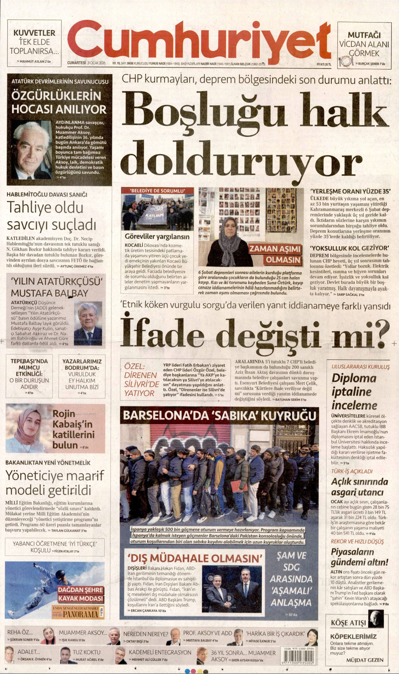 CUMHURİYET gazetesinin 31 Ocak 2026 tarihli birinci sayfası