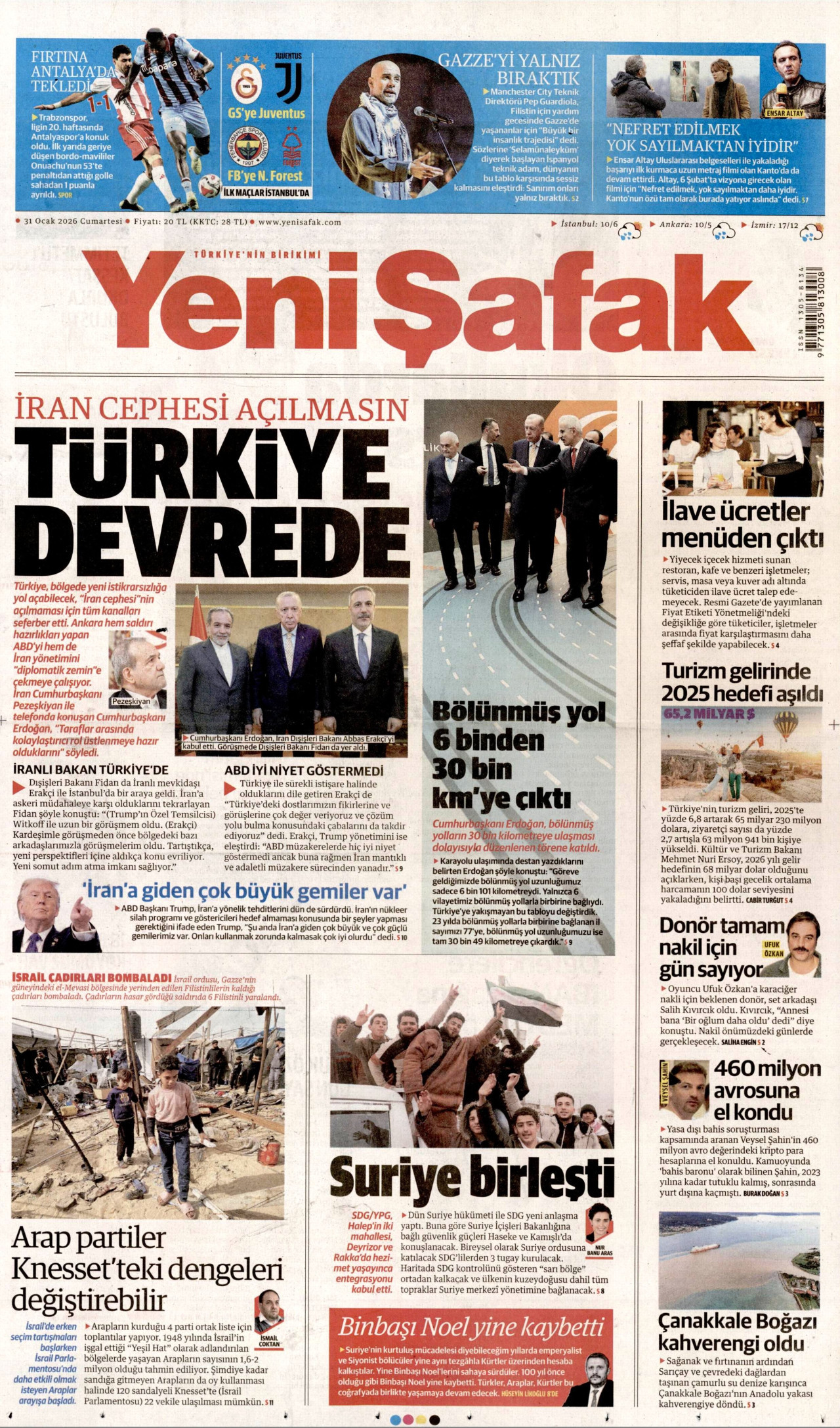 YENİ ŞAFAK gazetesinin 31 Ocak 2026 tarihli birinci sayfası