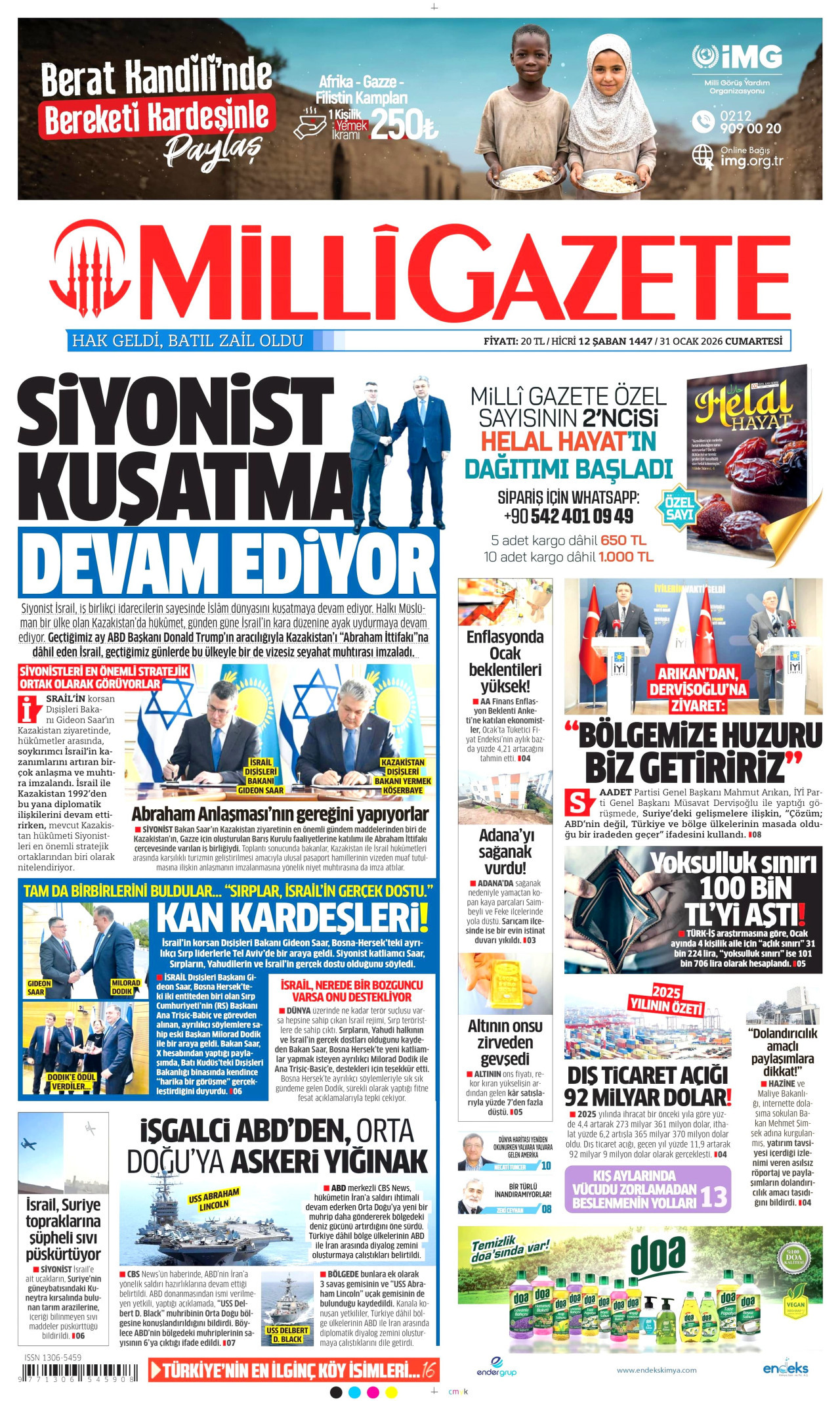 MİLLİ GAZETE gazetesinin 31 Ocak 2026 tarihli birinci sayfası