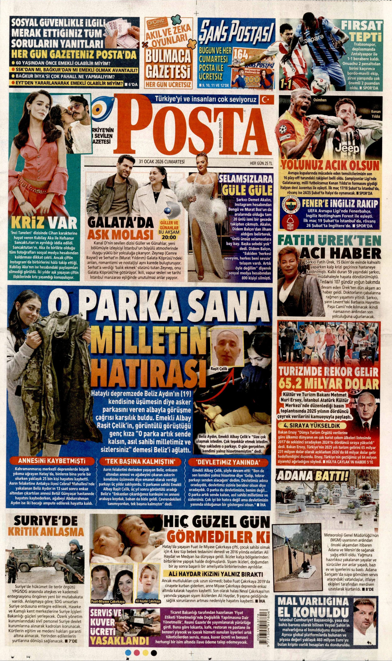 POSTA gazetesinin 31 Ocak 2026 tarihli birinci sayfası