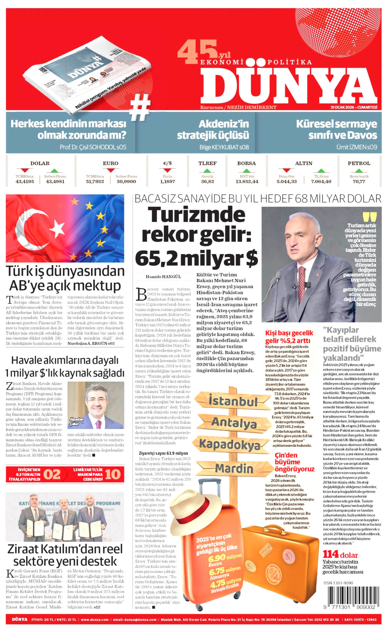 DÜNYA gazetesinin 31 Ocak 2026 tarihli birinci sayfası