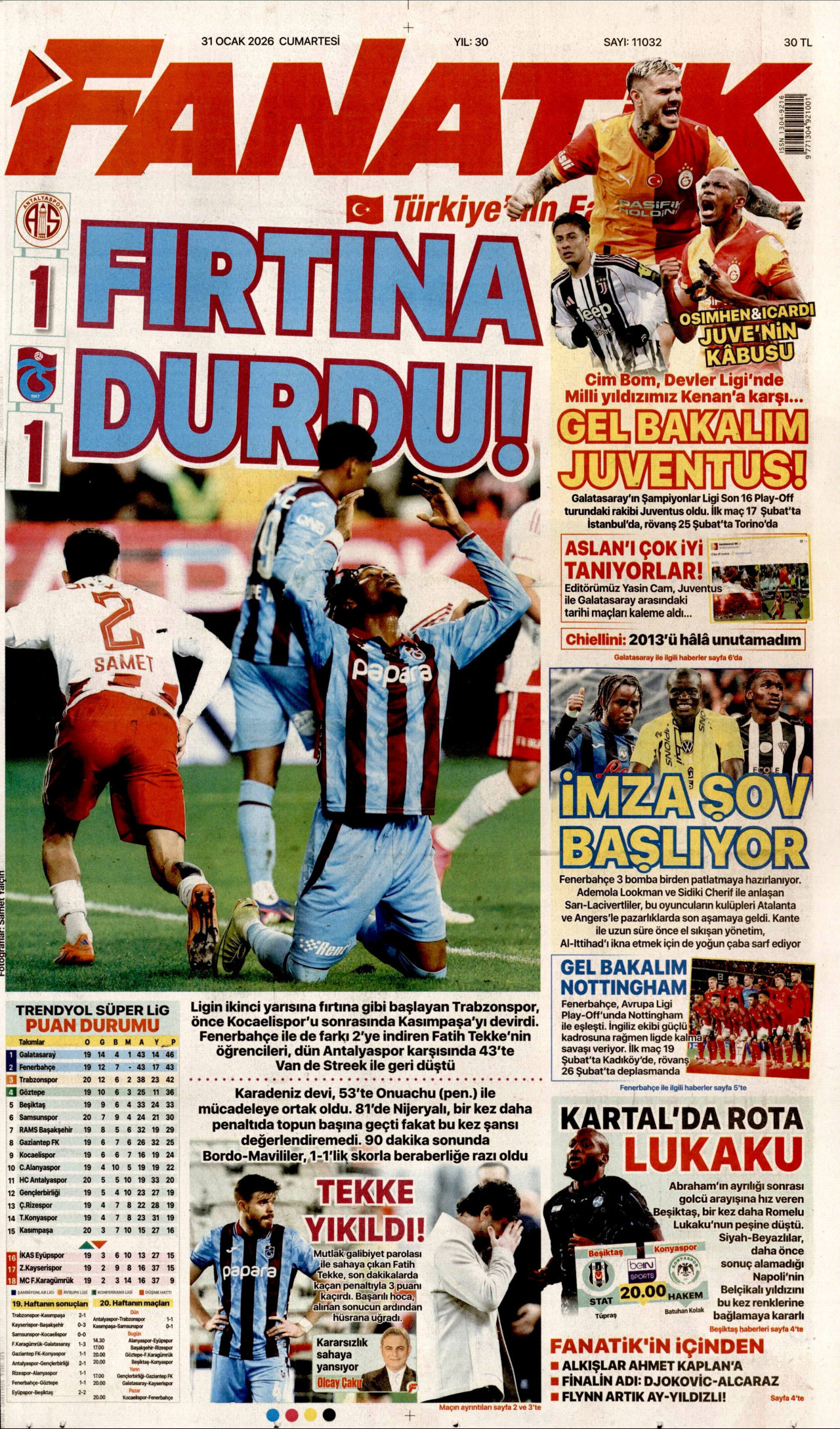 FANATİK gazetesinin 31 Ocak 2026 tarihli birinci sayfası