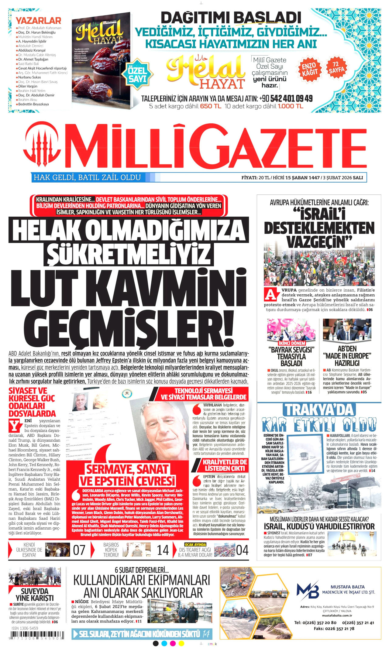 MİLLİ GAZETE gazetesinin 3 Şubat 2026 tarihli birinci sayfası