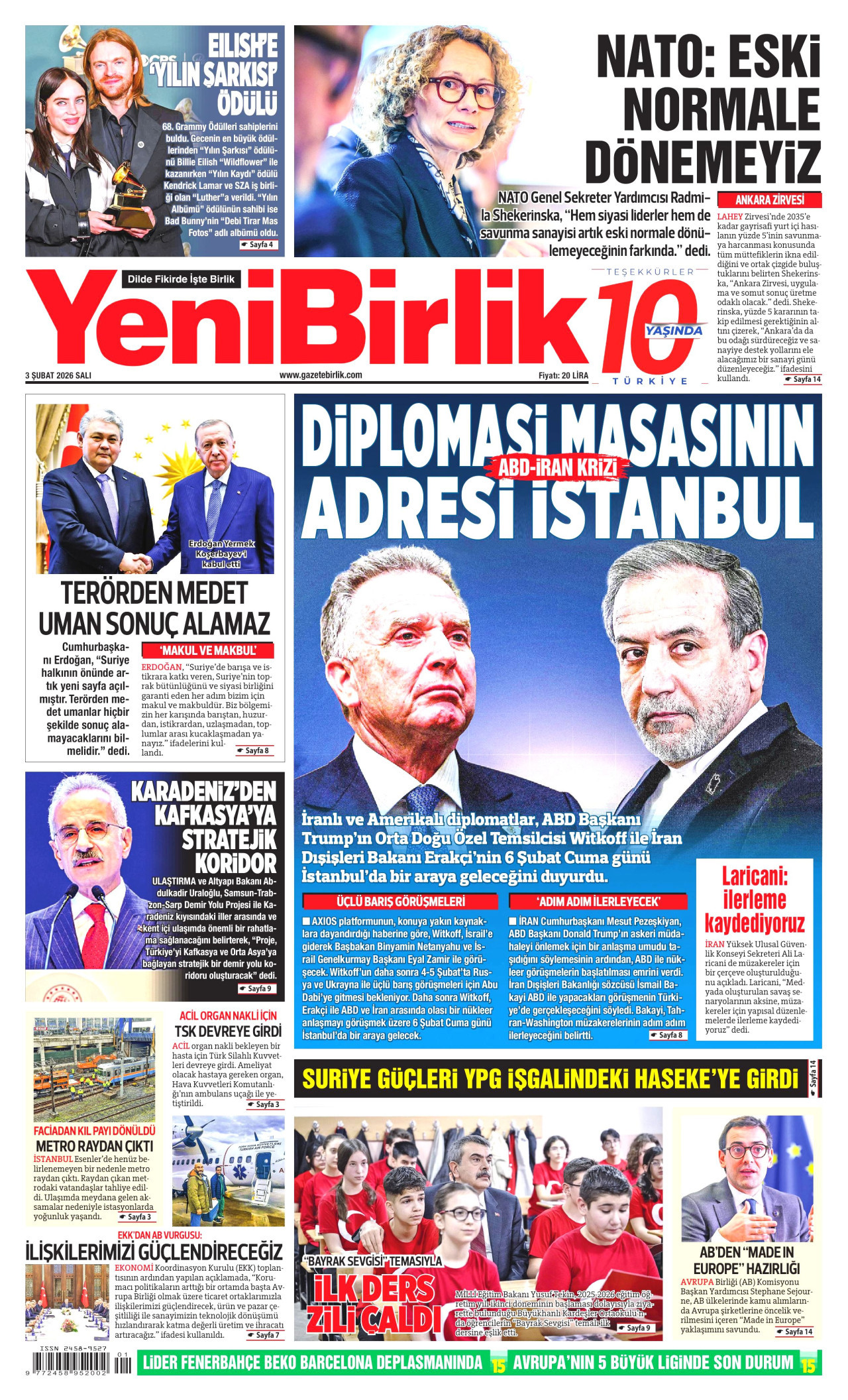 YENİBİRLİK gazetesinin 3 Şubat 2026 tarihli birinci sayfası