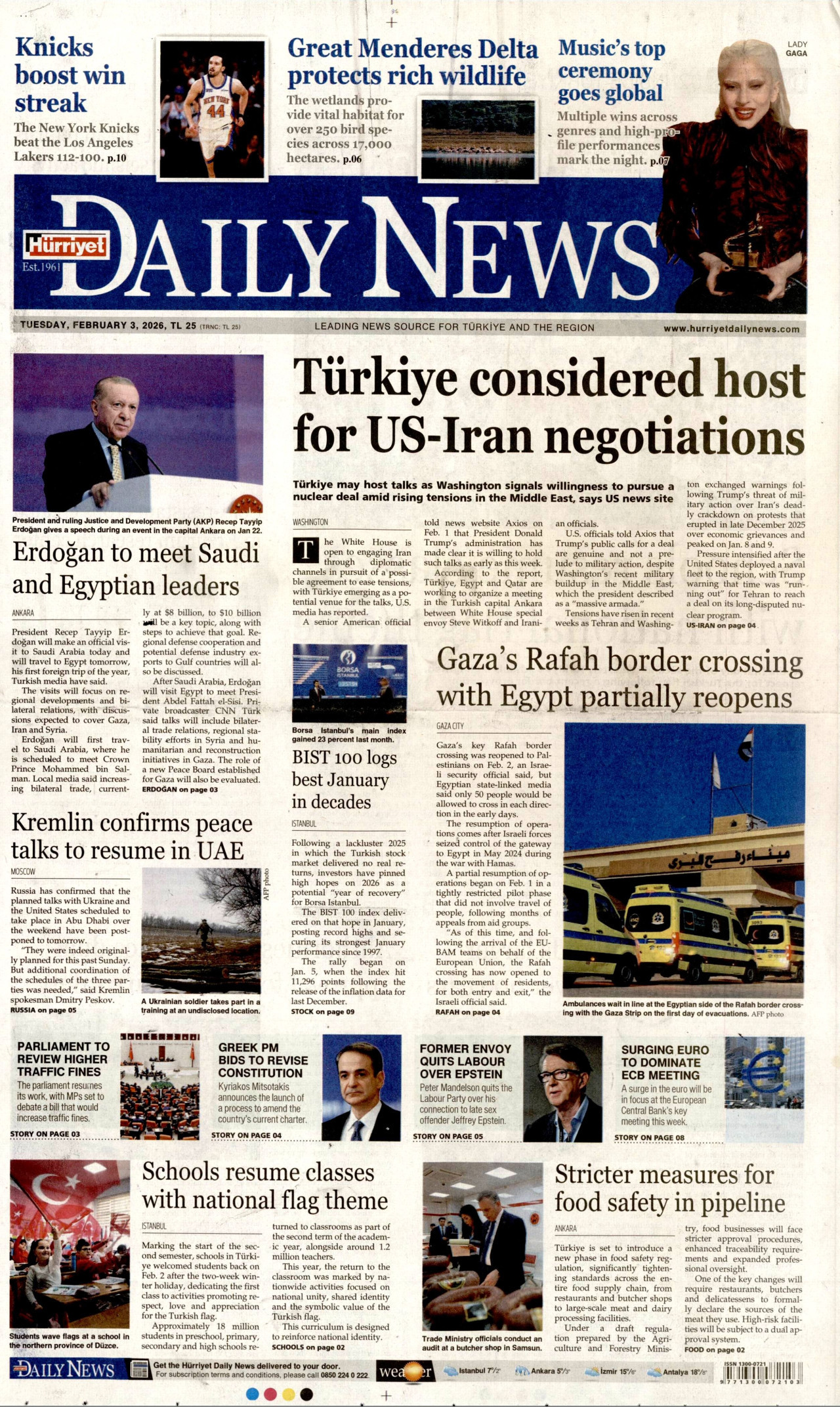 HÜRRİYET DAİLY NEWS gazetesinin 3 Şubat 2026 tarihli birinci sayfası