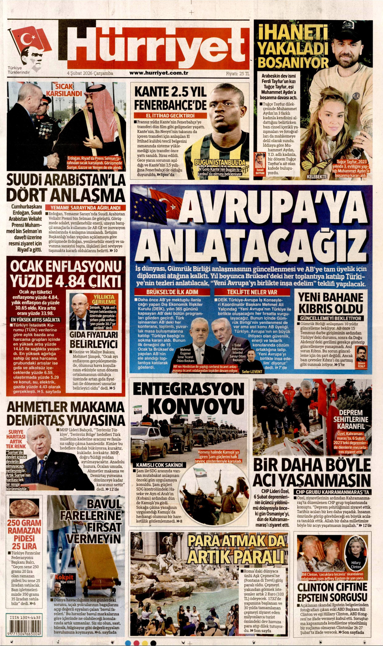 HÜRRİYET gazetesinin 4 Şubat 2026 tarihli birinci sayfası