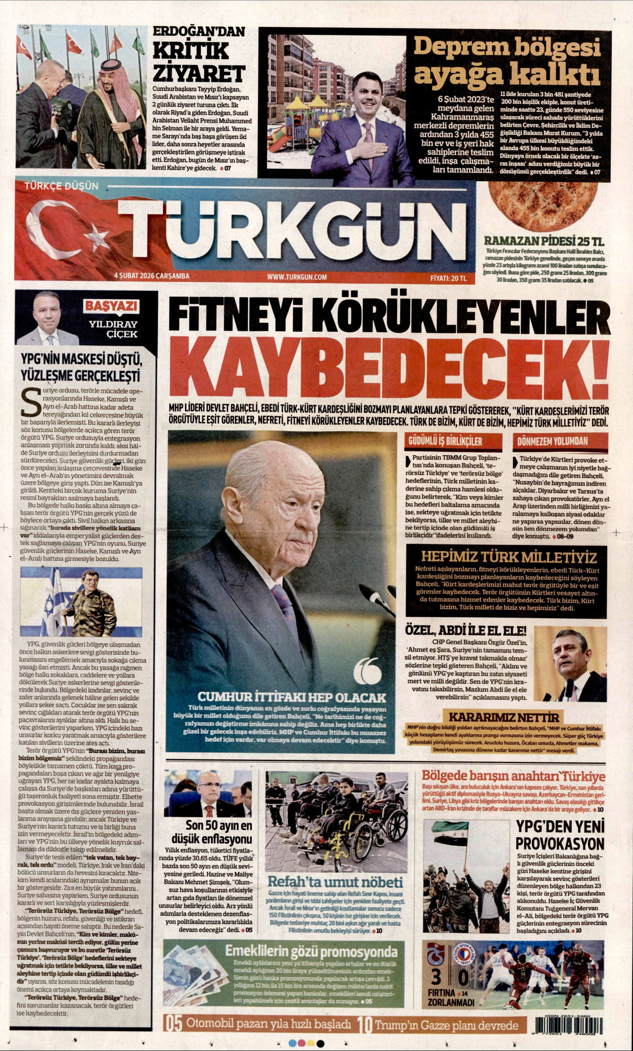 TÜRKGÜN gazetesinin 4 Şubat 2026 tarihli birinci sayfası