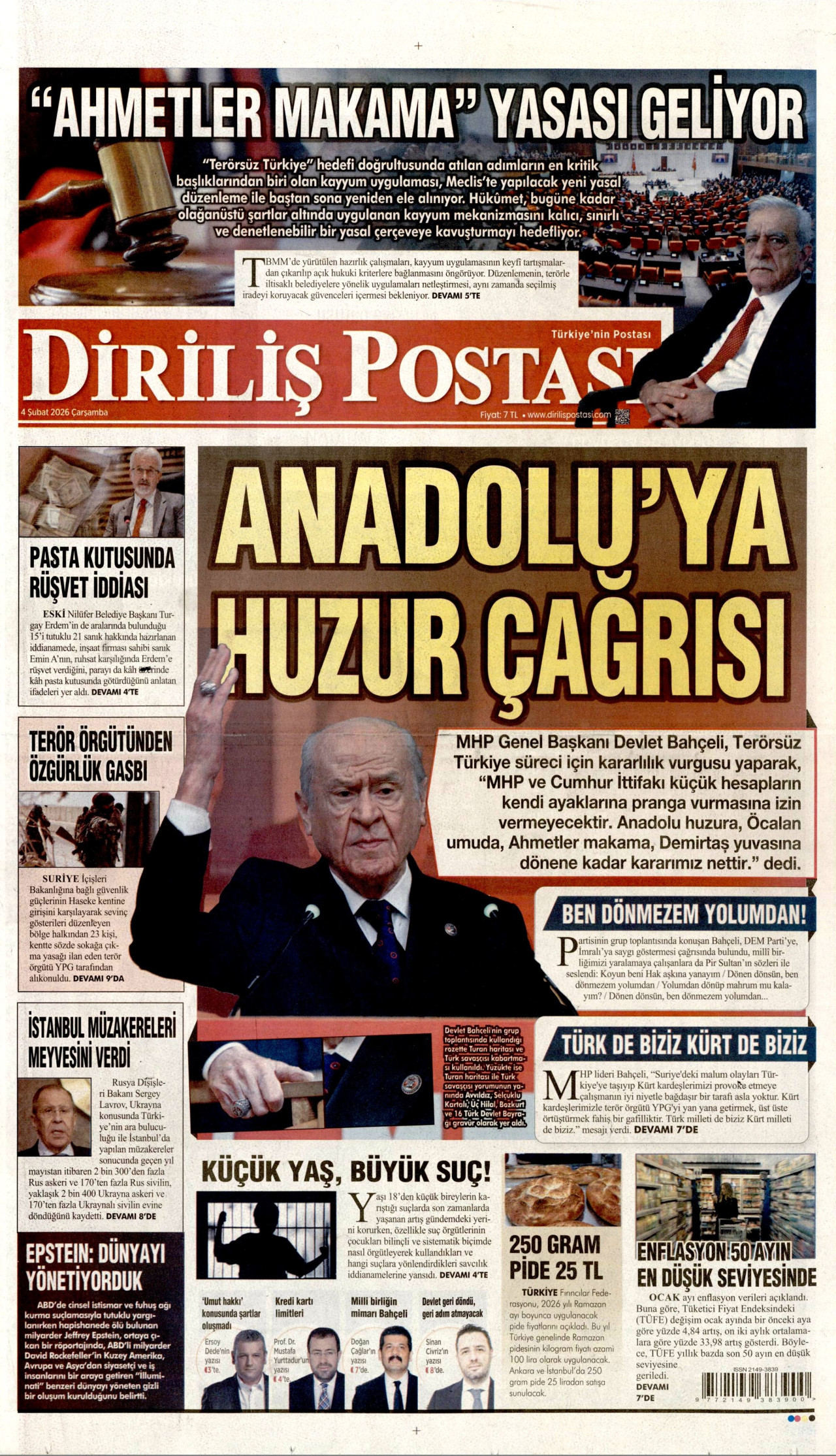 DİRİLİŞ POSTASI gazetesinin 4 Şubat 2026 tarihli birinci sayfası