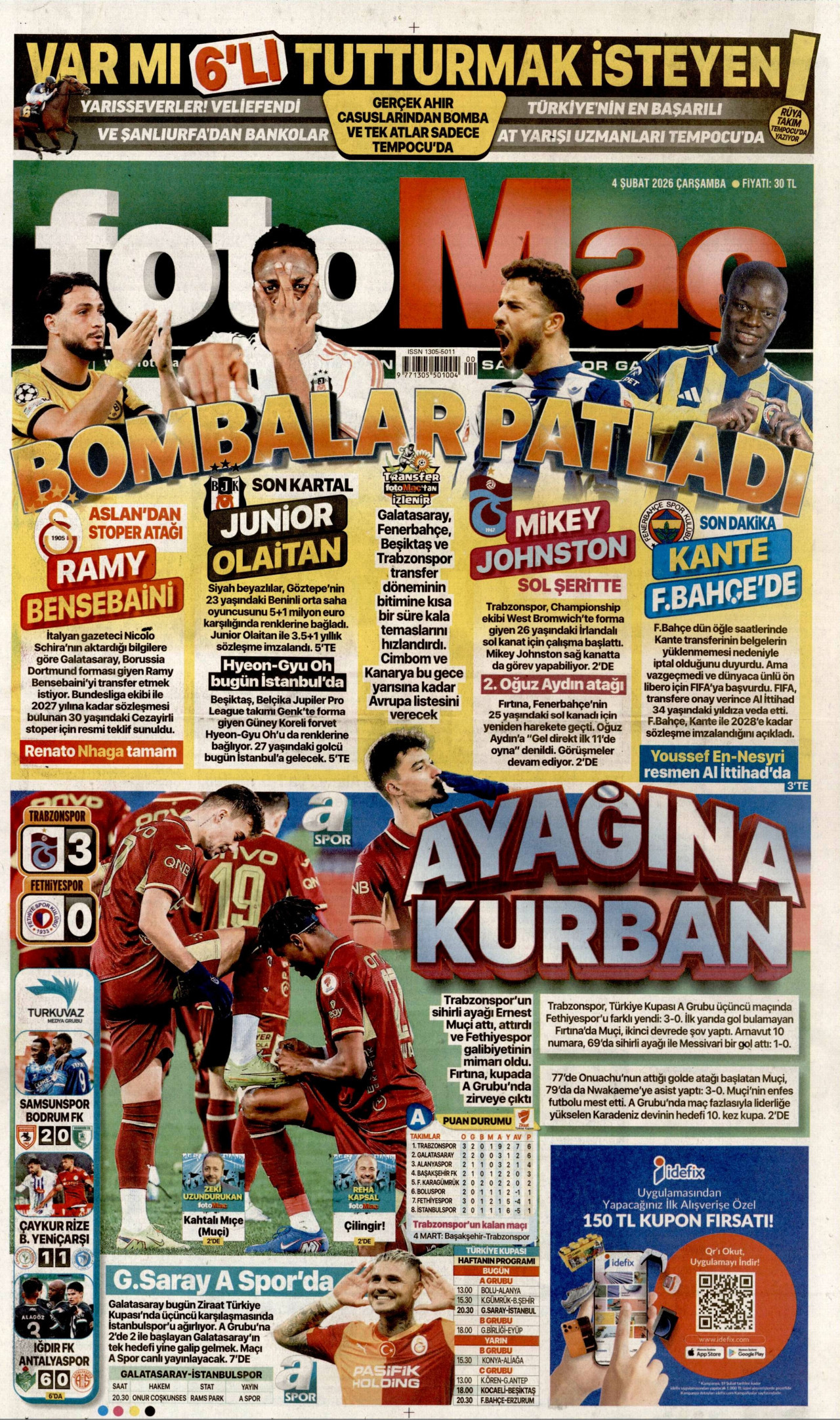 FOTOMAÇ gazetesinin 4 Şubat 2026 tarihli birinci sayfası