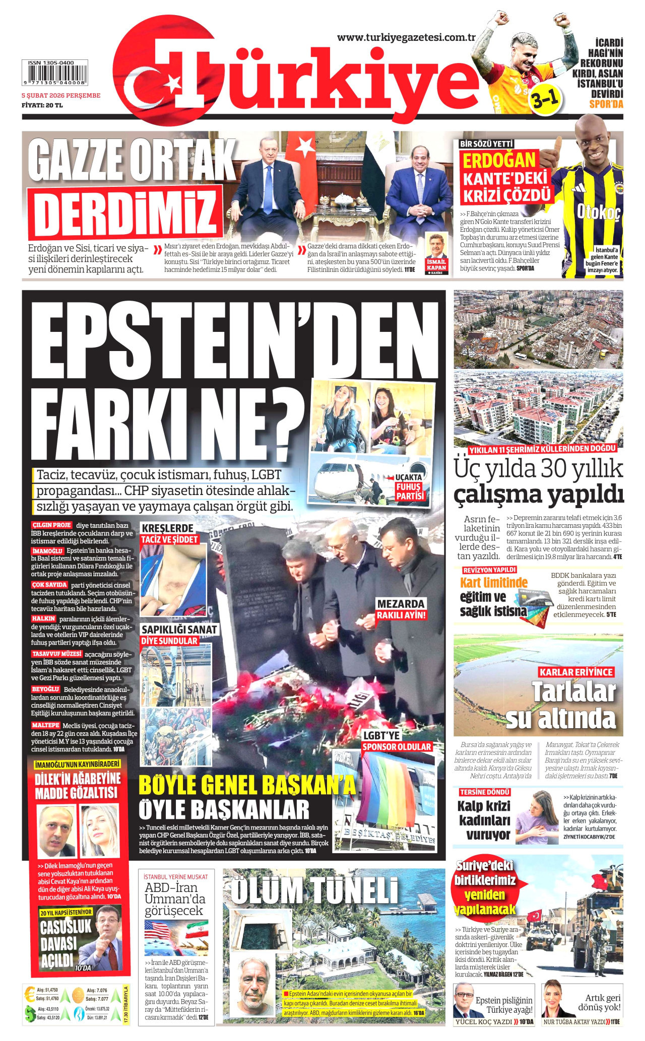 TÜRKİYE GAZETESİ gazetesinin 5 Şubat 2026 tarihli birinci sayfası