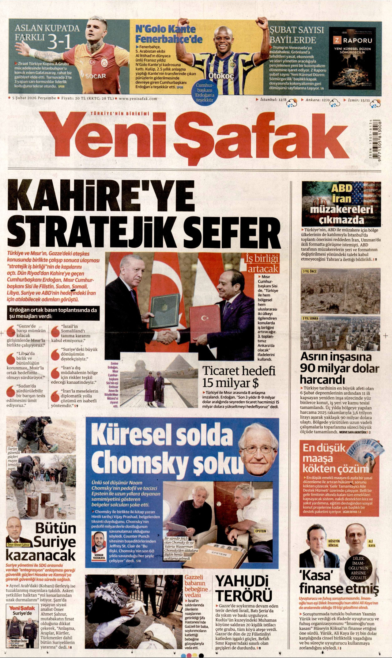 YENİ ŞAFAK gazetesinin 5 Şubat 2026 tarihli birinci sayfası
