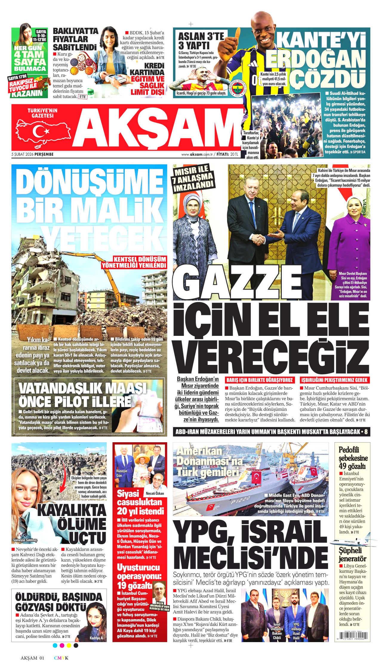 AKŞAM gazetesinin 5 Şubat 2026 tarihli birinci sayfası