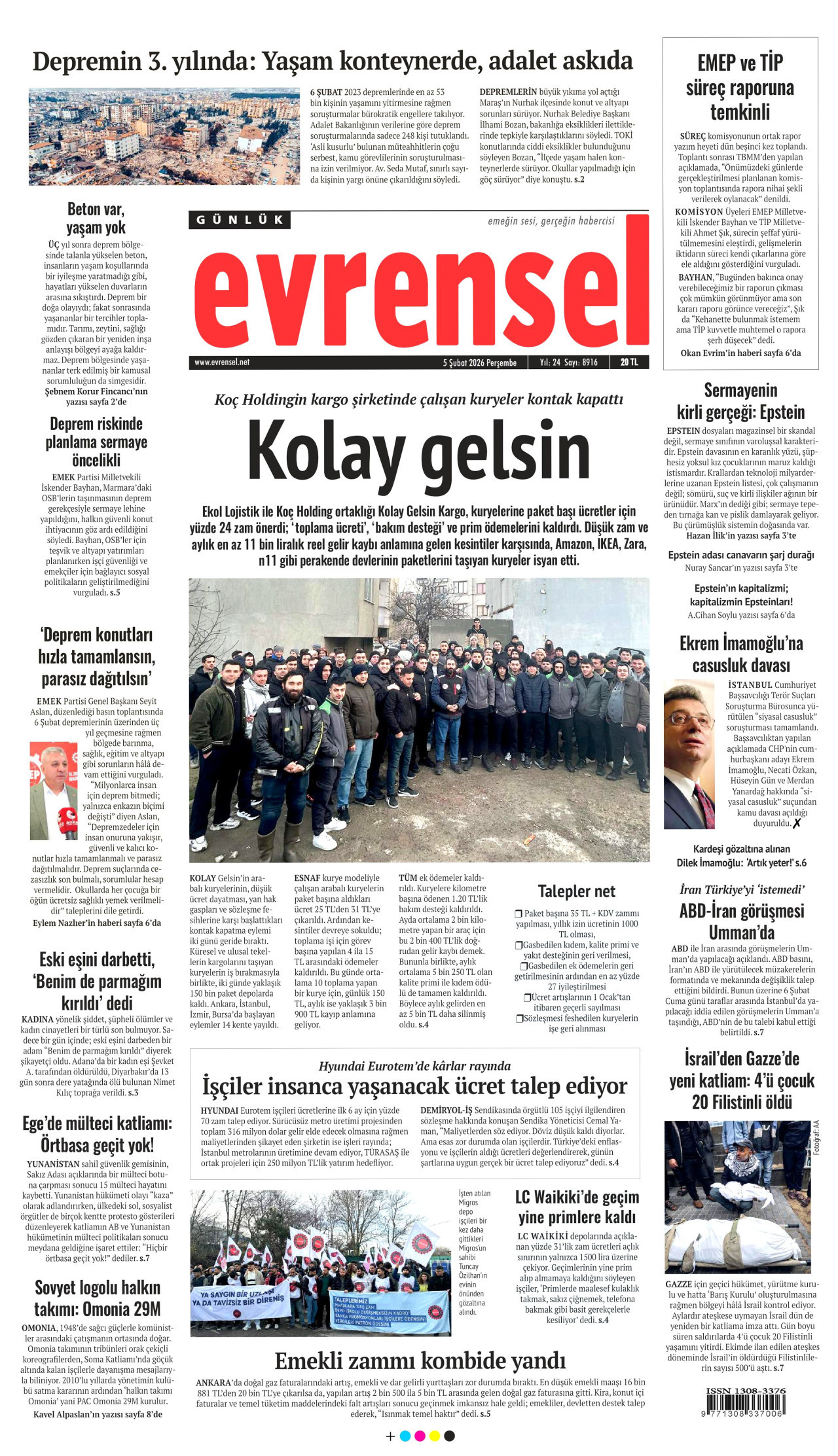 EVRENSEL gazetesinin 5 Şubat 2026 tarihli birinci sayfası