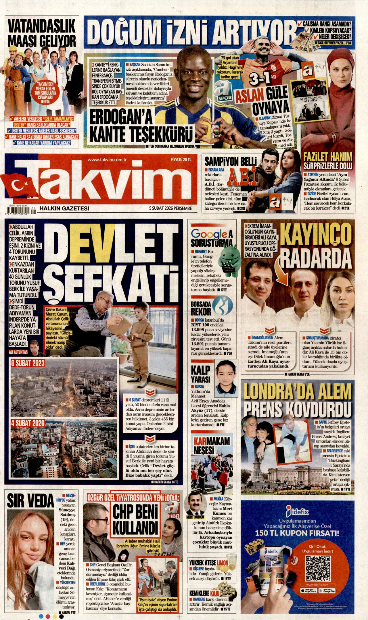 TAKVİM gazetesinin 5 Şubat 2026 tarihli birinci sayfası