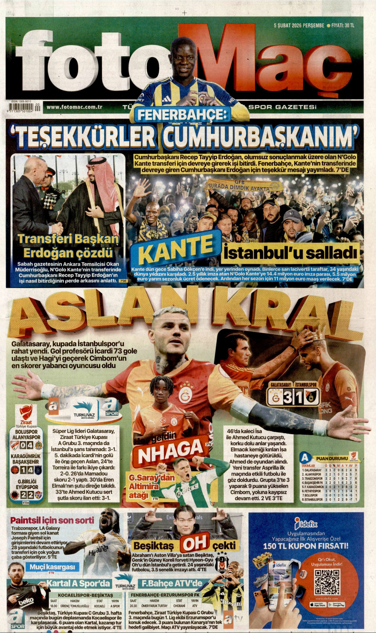 FOTOMAÇ gazetesinin 5 Şubat 2026 tarihli birinci sayfası