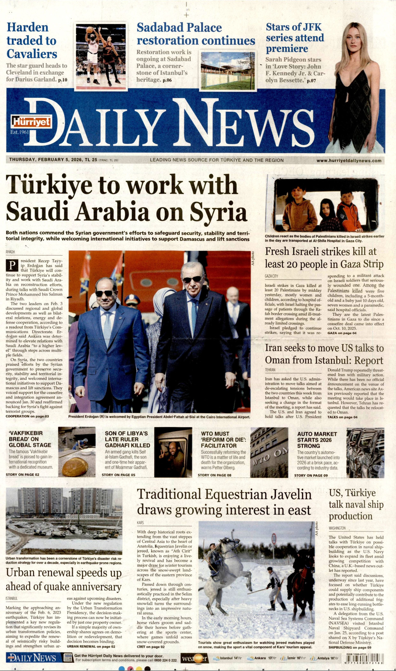 HÜRRİYET DAİLY NEWS gazetesinin 5 Şubat 2026 tarihli birinci sayfası