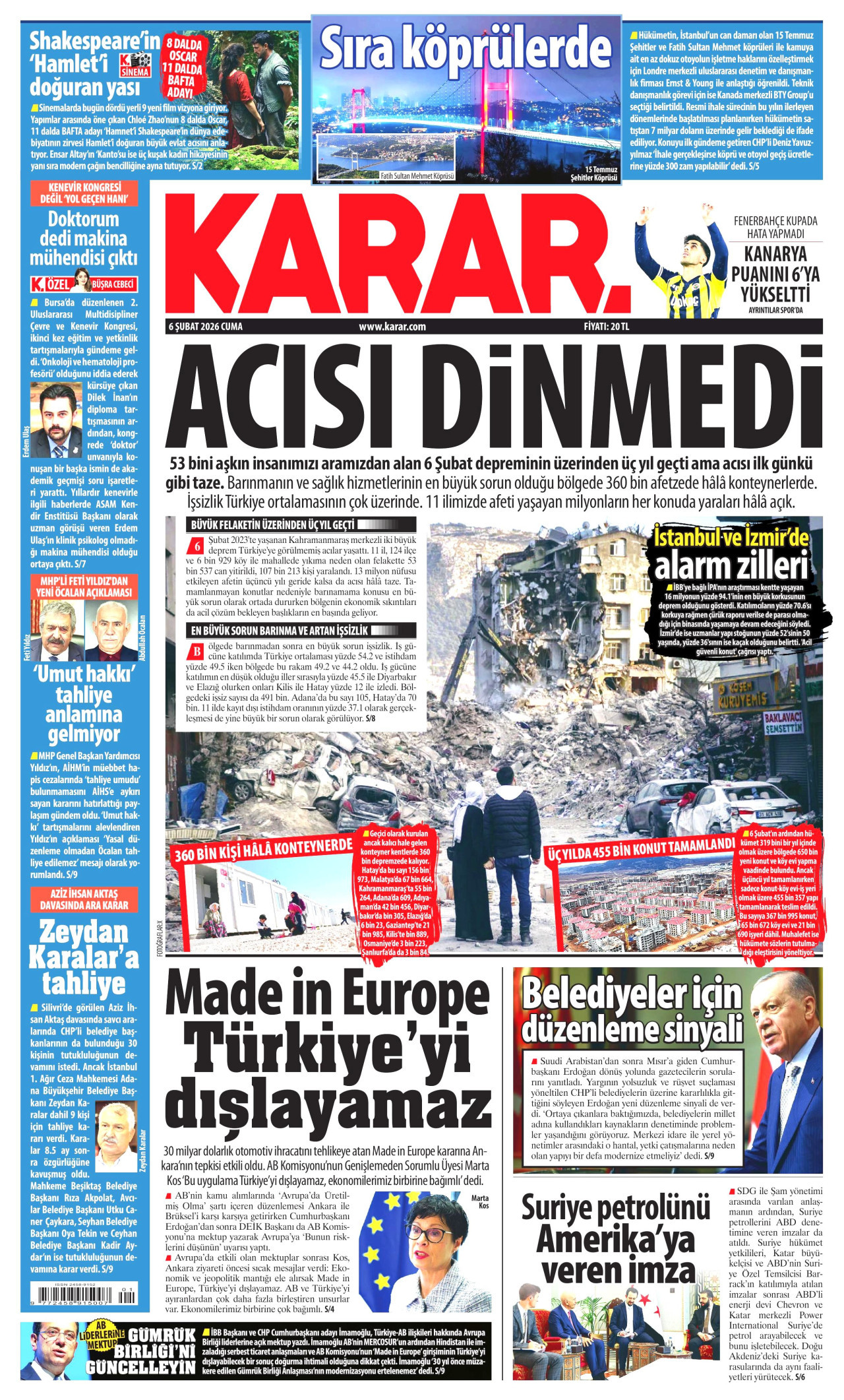 KARAR gazetesinin 6 Şubat 2026 tarihli birinci sayfası