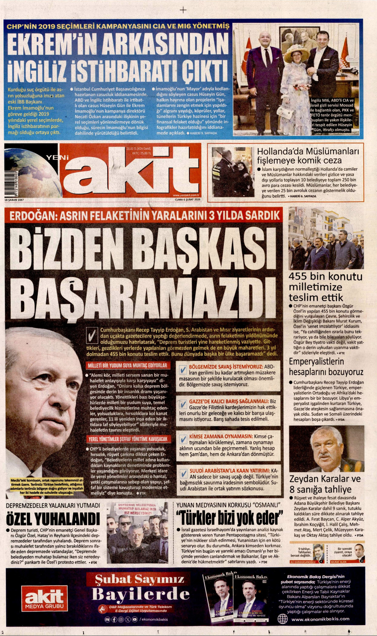 YENİ AKİT gazetesinin 6 Şubat 2026 tarihli birinci sayfası
