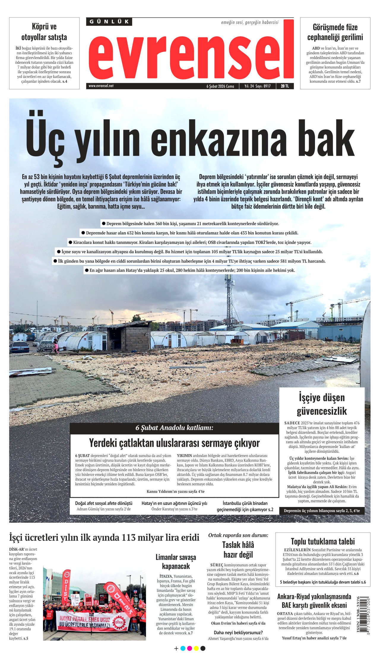 EVRENSEL gazetesinin 6 Şubat 2026 tarihli birinci sayfası