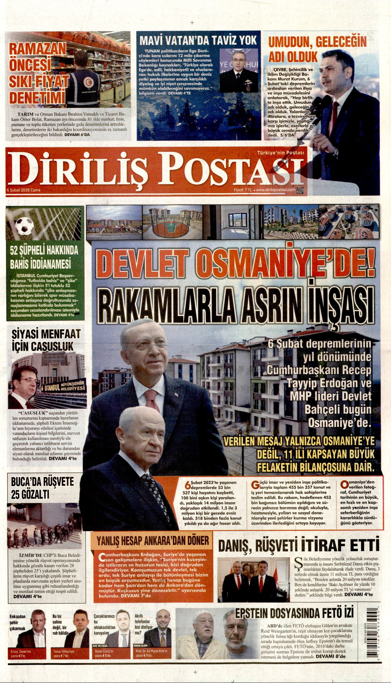 DİRİLİŞ POSTASI gazetesinin 6 Şubat 2026 tarihli birinci sayfası
