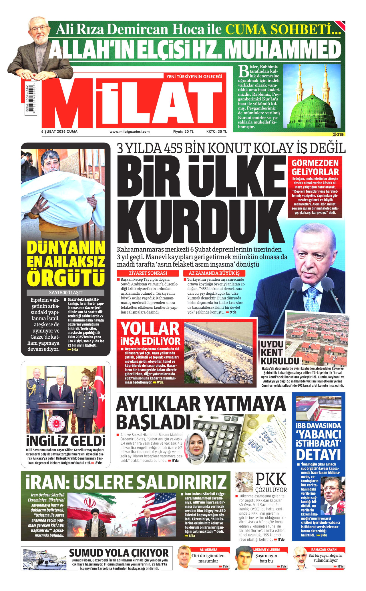 MİLAT gazetesinin 6 Şubat 2026 tarihli birinci sayfası