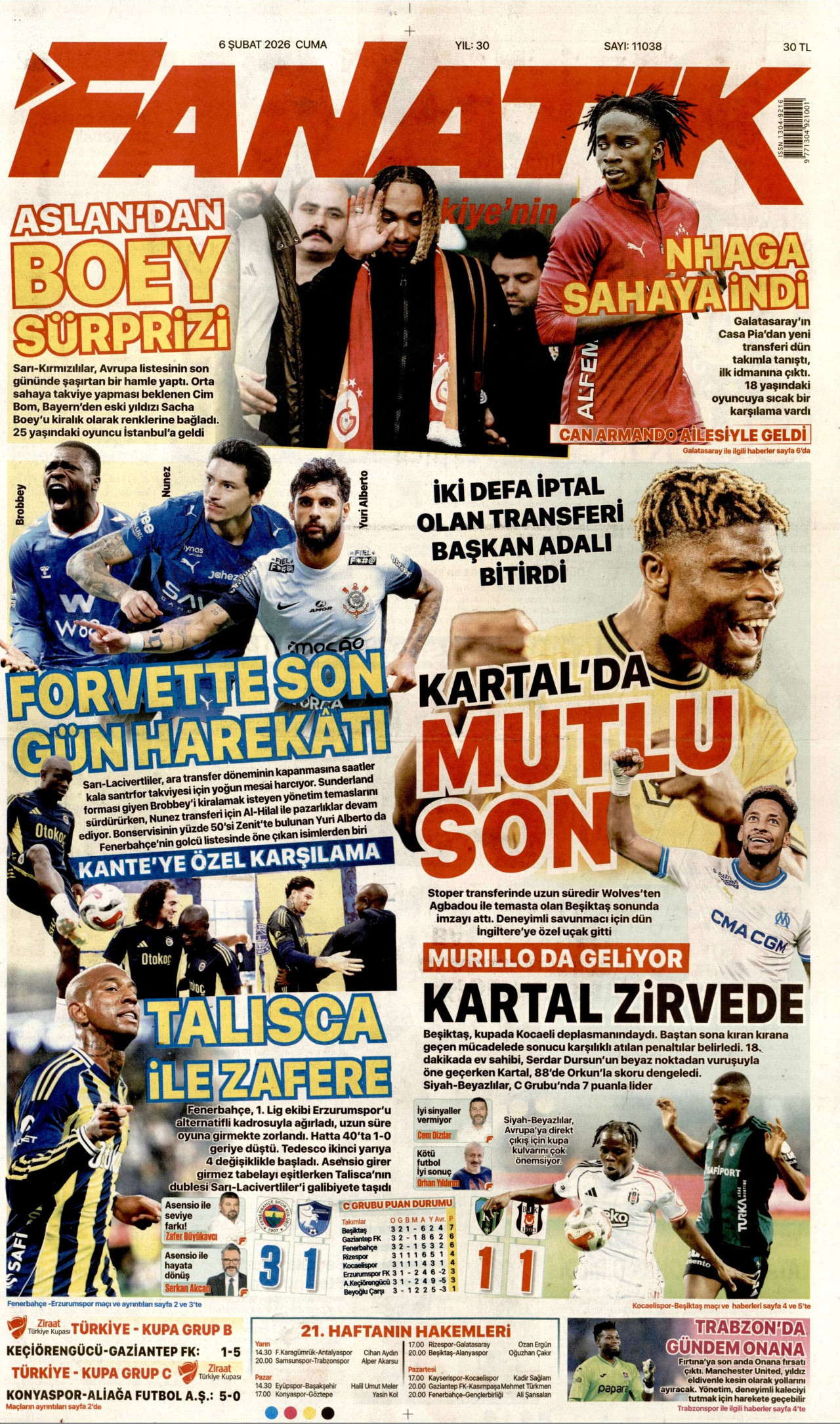 FANATİK gazetesinin 6 Şubat 2026 tarihli birinci sayfası