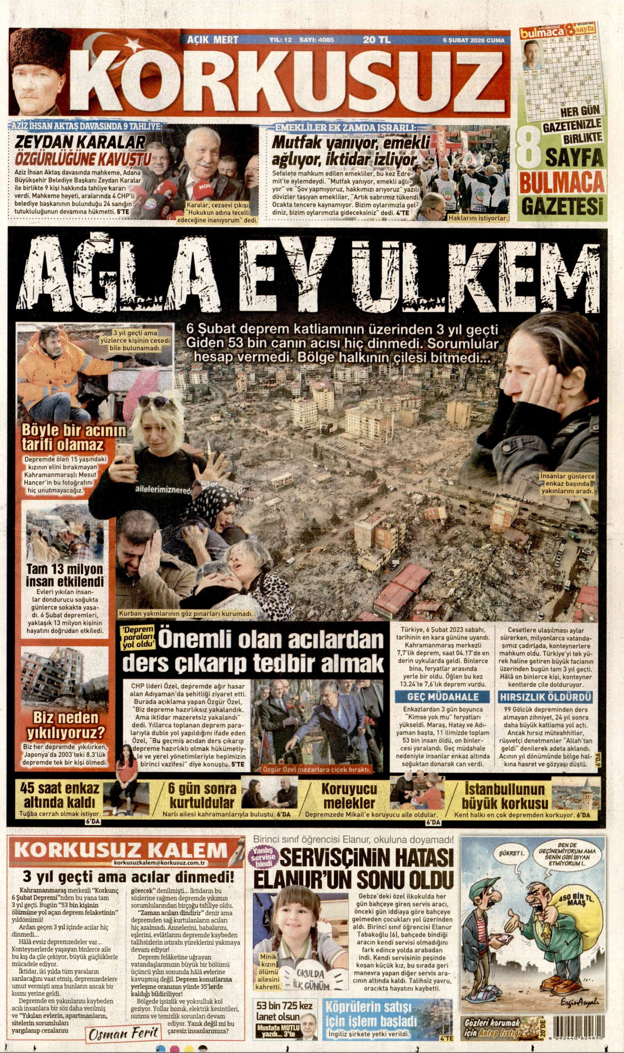KORKUSUZ gazetesinin 6 Şubat 2026 tarihli birinci sayfası