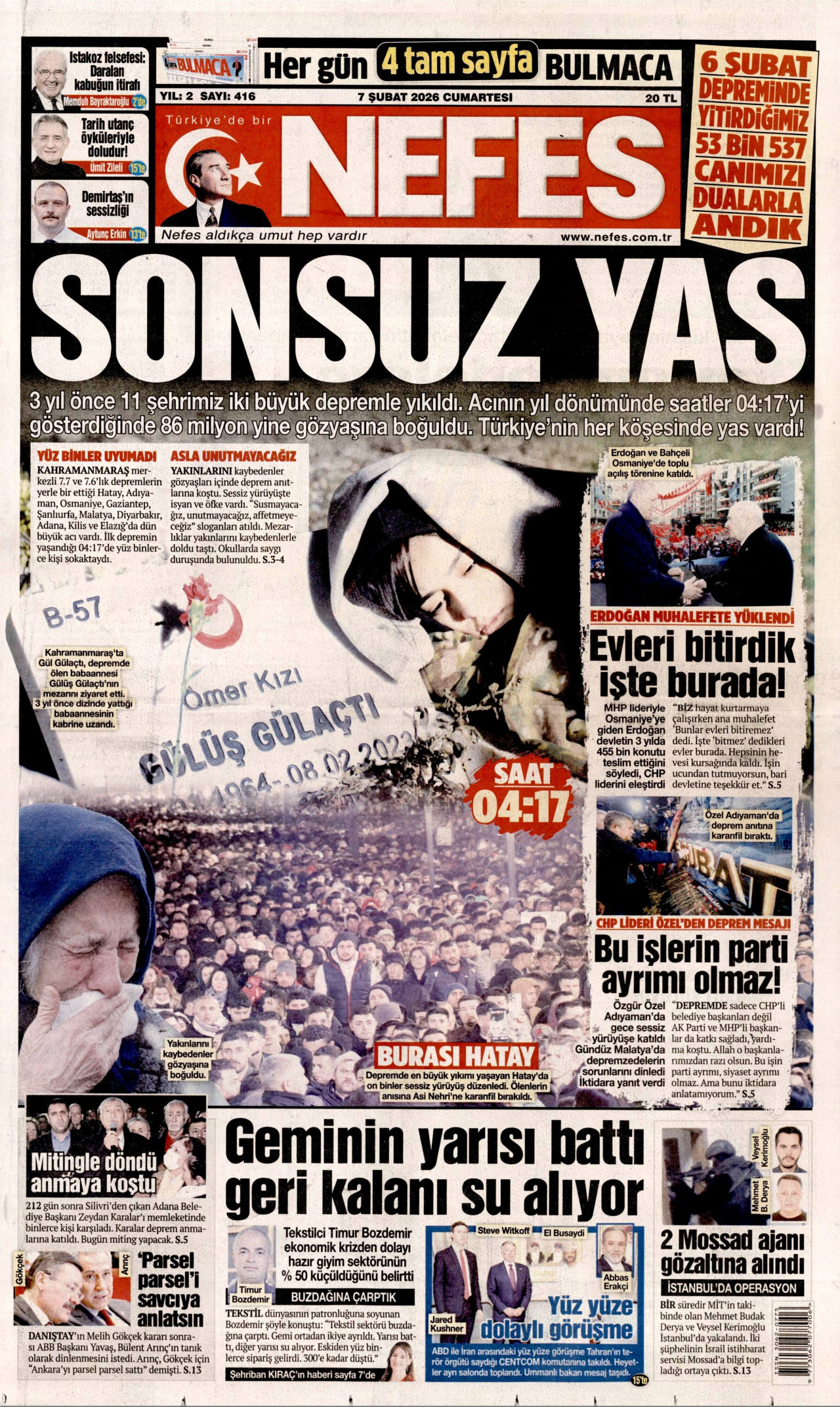 NEFES gazetesinin 7 Şubat 2026 tarihli birinci sayfası