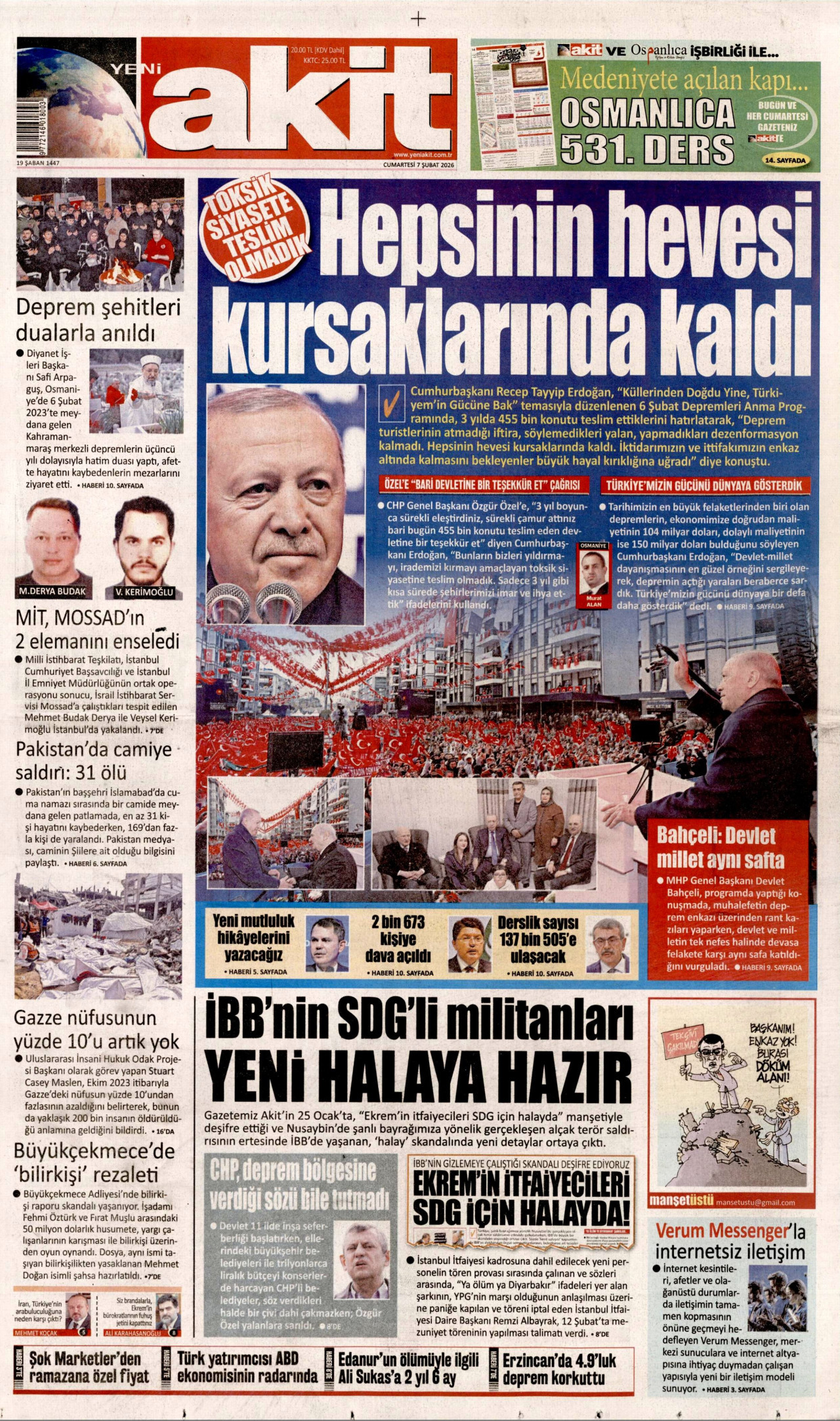 YENİ AKİT gazetesinin 7 Şubat 2026 tarihli birinci sayfası