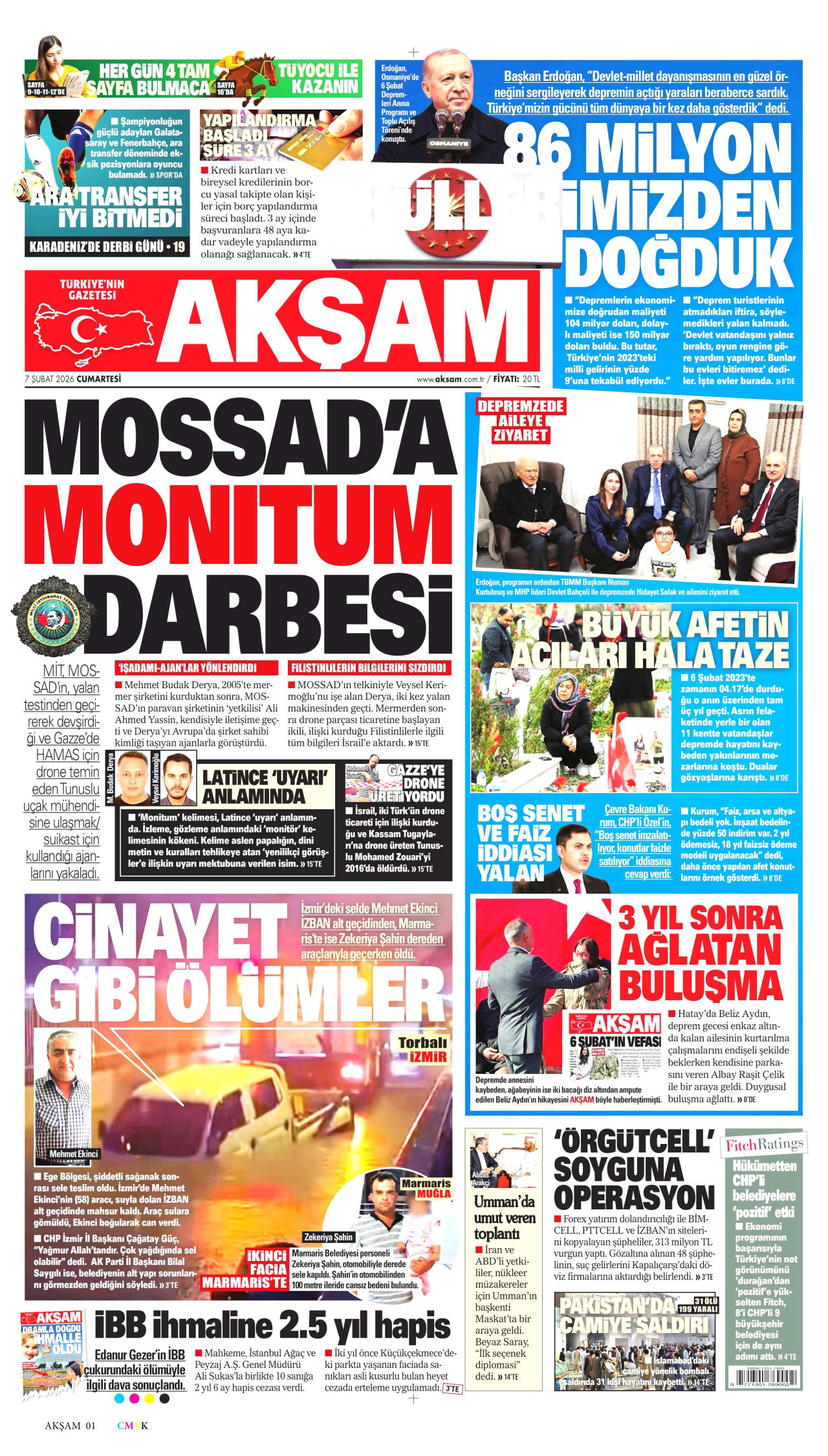 AKŞAM gazetesinin 7 Şubat 2026 tarihli birinci sayfası