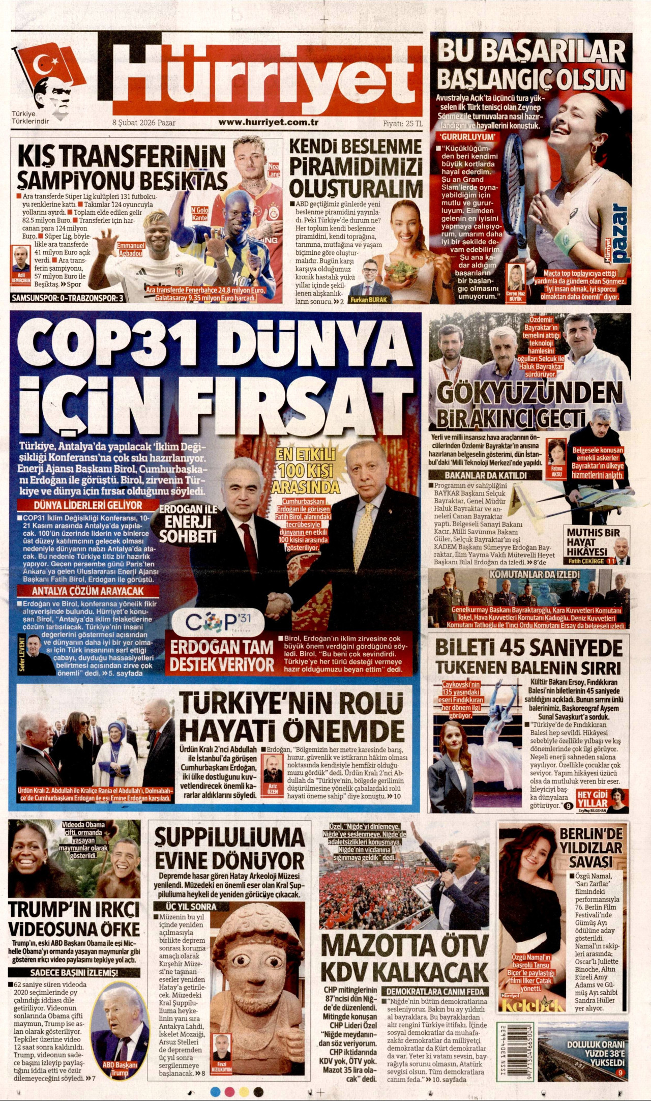 HÜRRİYET gazetesinin 8 Şubat 2026 tarihli birinci sayfası