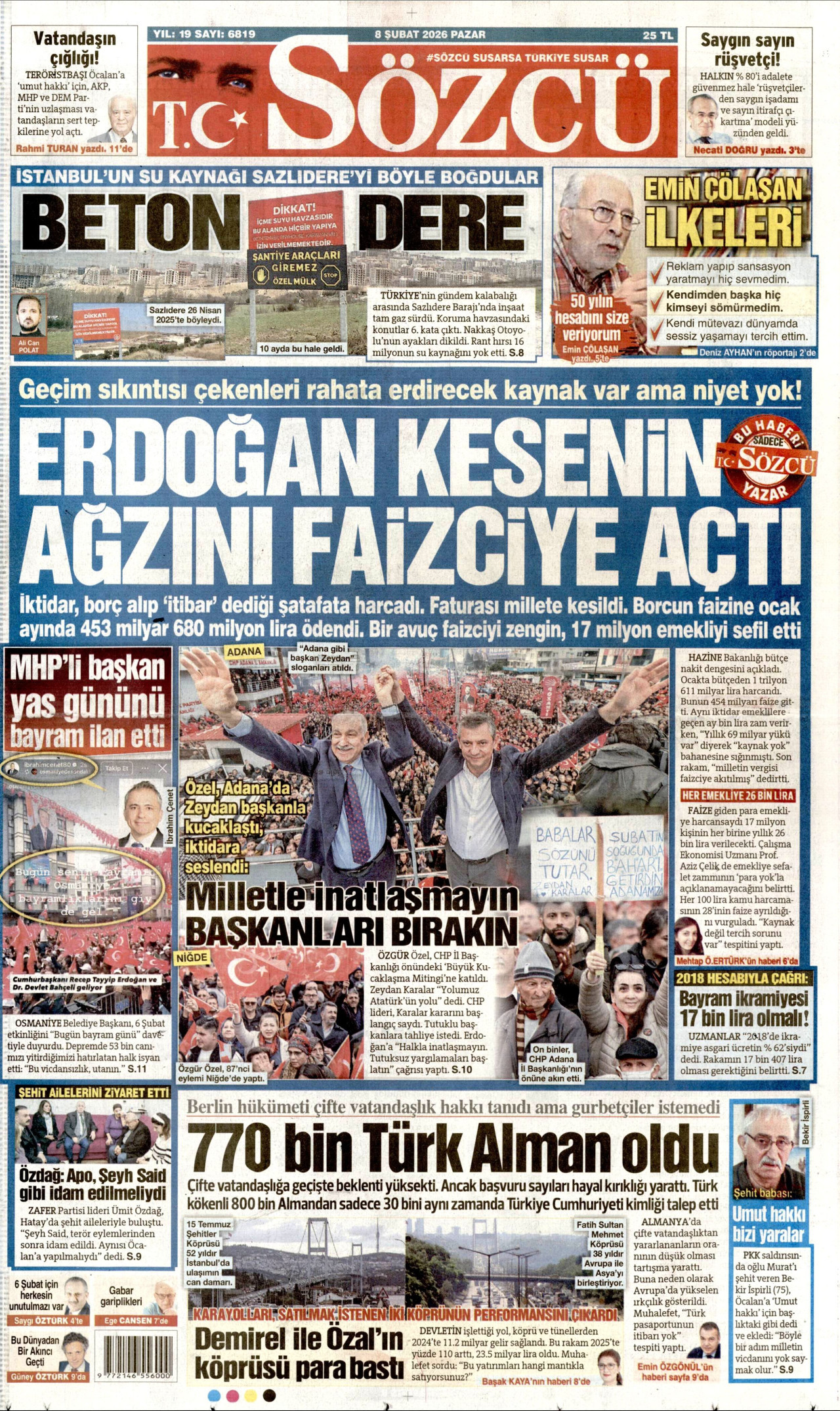 SÖZCÜ gazetesinin 8 Şubat 2026 tarihli birinci sayfası