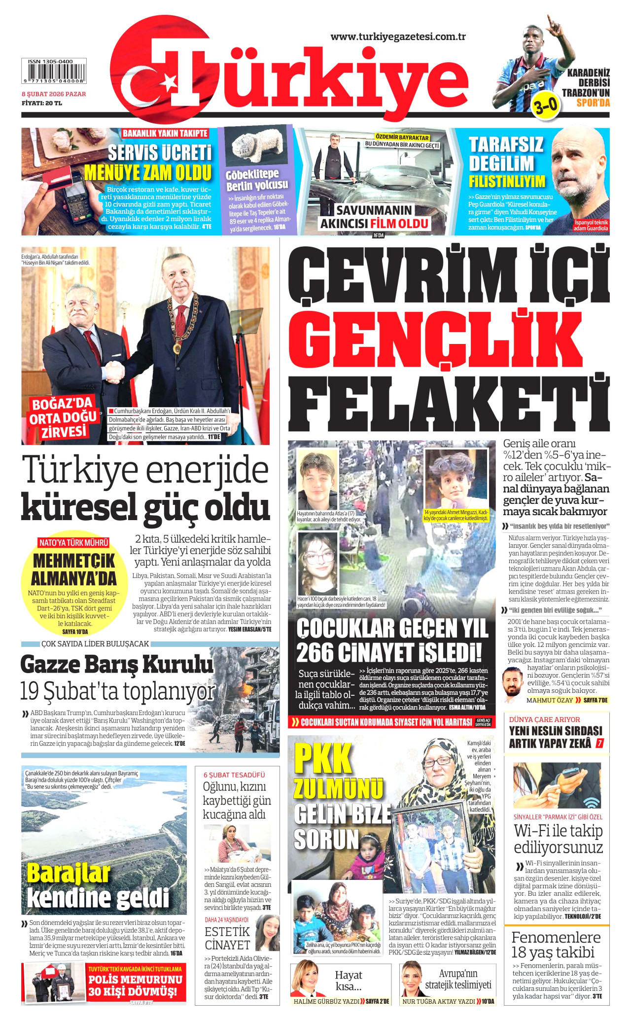 TÜRKİYE GAZETESİ gazetesinin 8 Şubat 2026 tarihli birinci sayfası