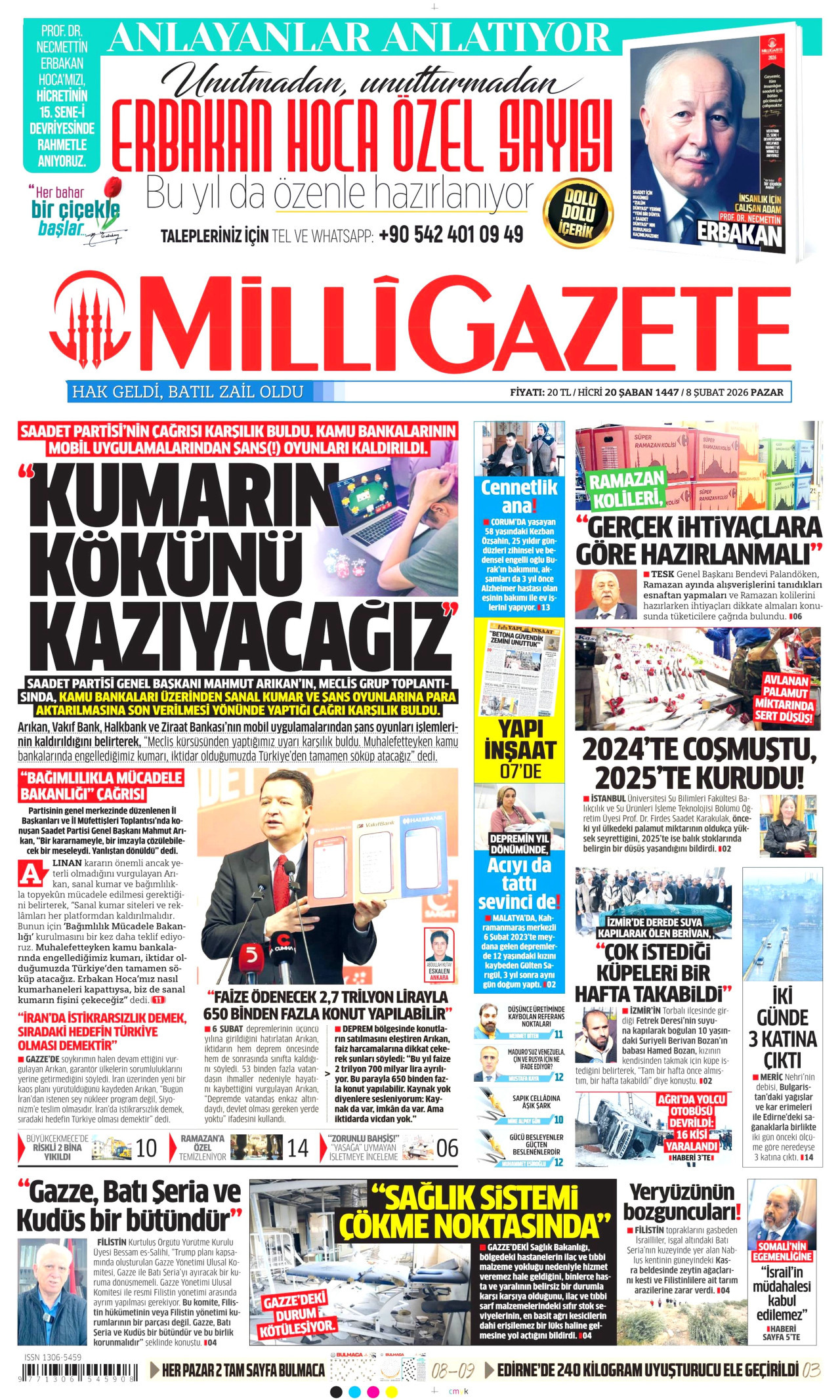 MİLLİ GAZETE gazetesinin 8 Şubat 2026 tarihli birinci sayfası
