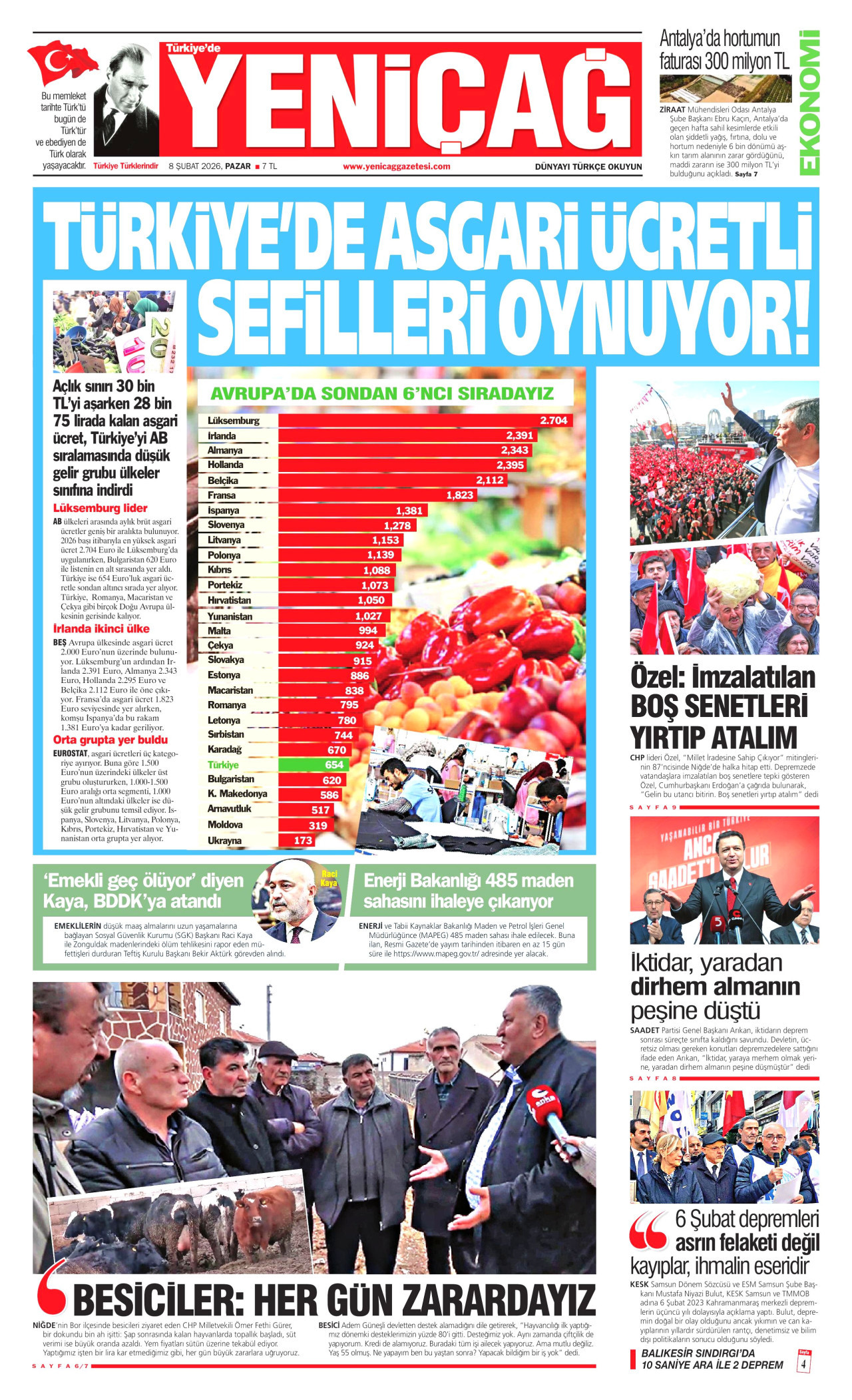 YENİÇAĞ gazetesinin 8 Şubat 2026 tarihli birinci sayfası