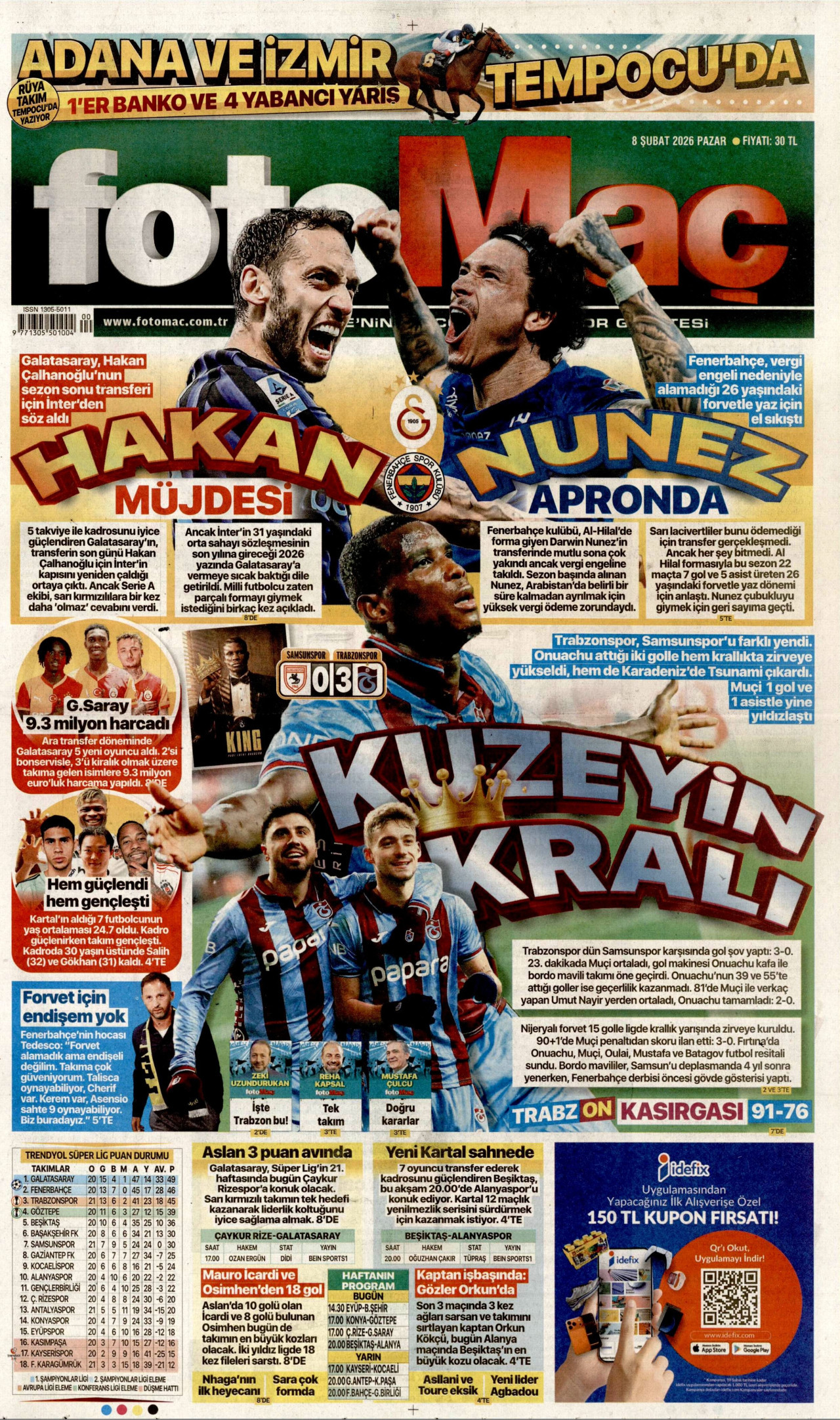 FOTOMAÇ gazetesinin 8 Şubat 2026 tarihli birinci sayfası