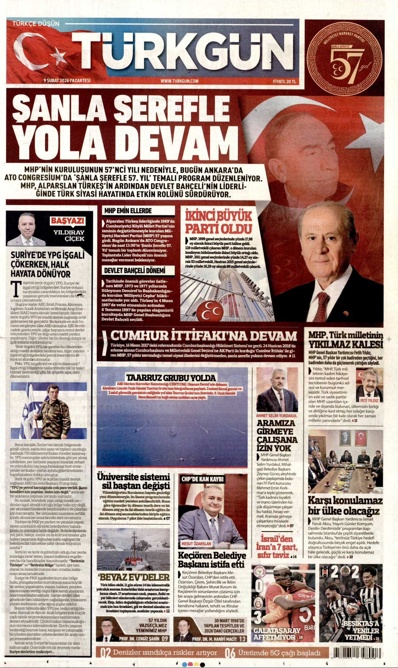 TÜRKGÜN gazetesinin 9 Şubat 2026 tarihli birinci sayfası