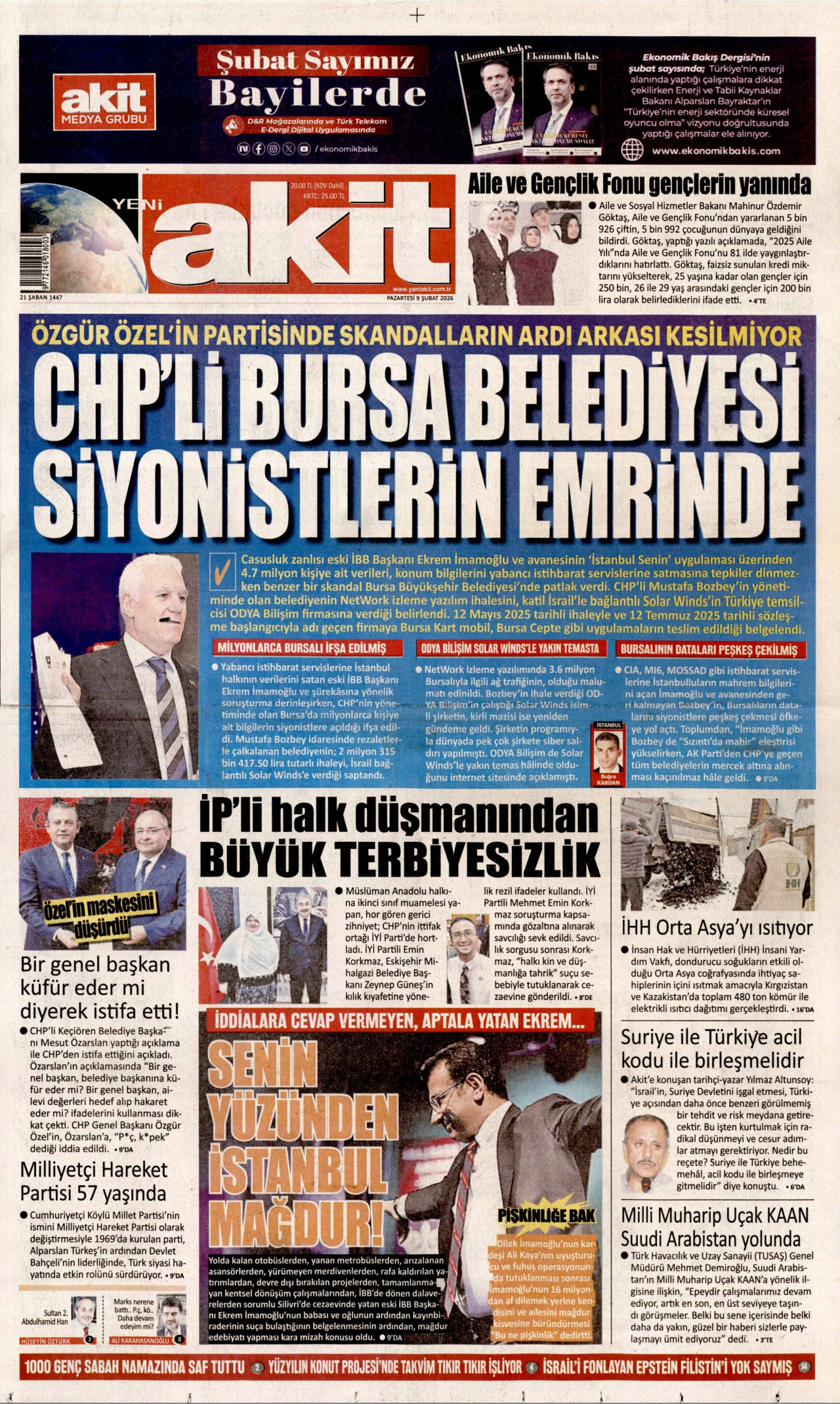 YENİ AKİT gazetesinin 9 Şubat 2026 tarihli birinci sayfası