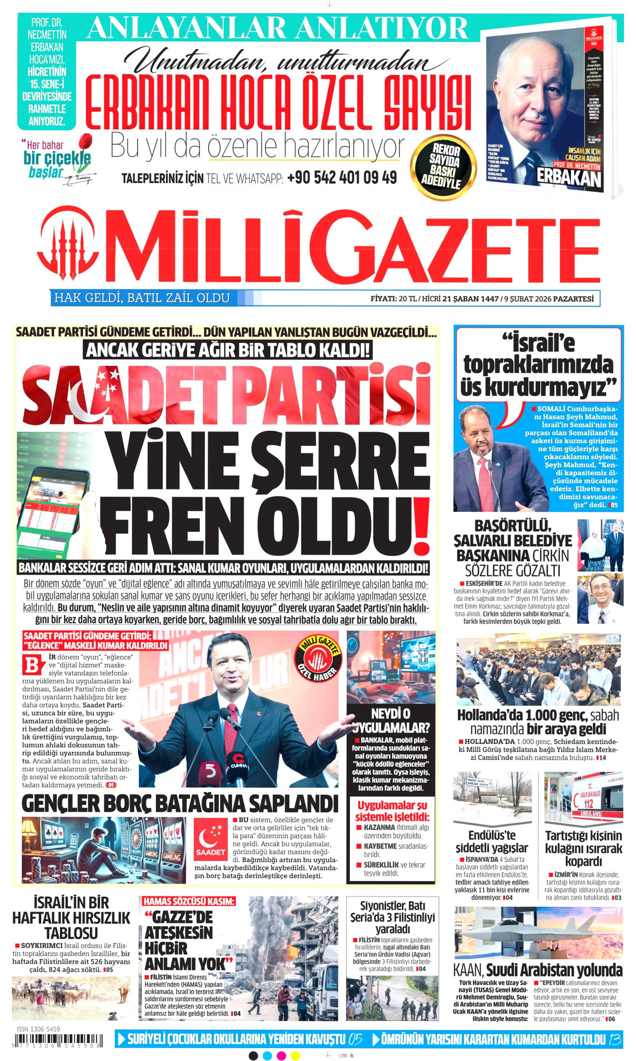 MİLLİ GAZETE gazetesinin 9 Şubat 2026 tarihli birinci sayfası