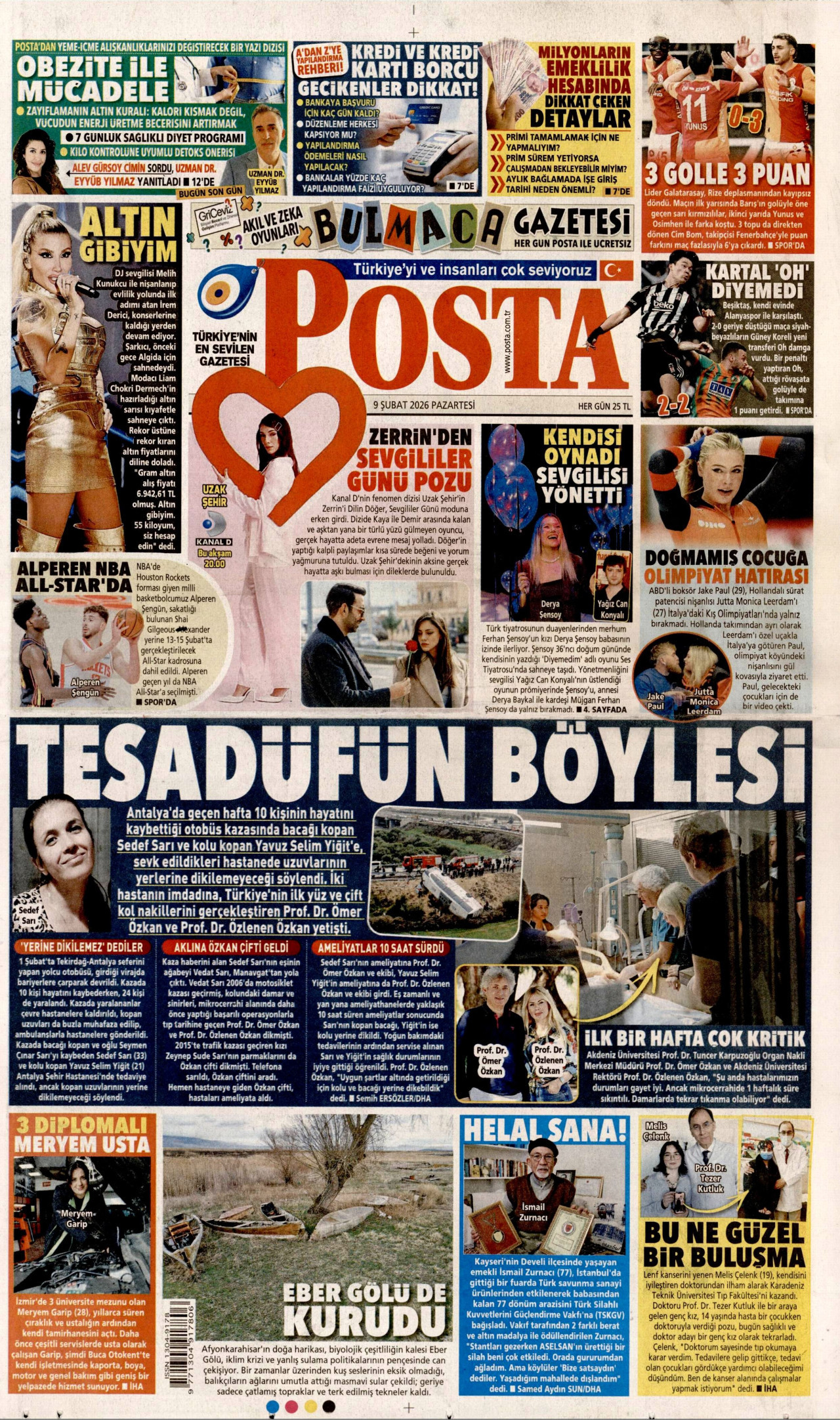 POSTA gazetesinin 9 Şubat 2026 tarihli birinci sayfası