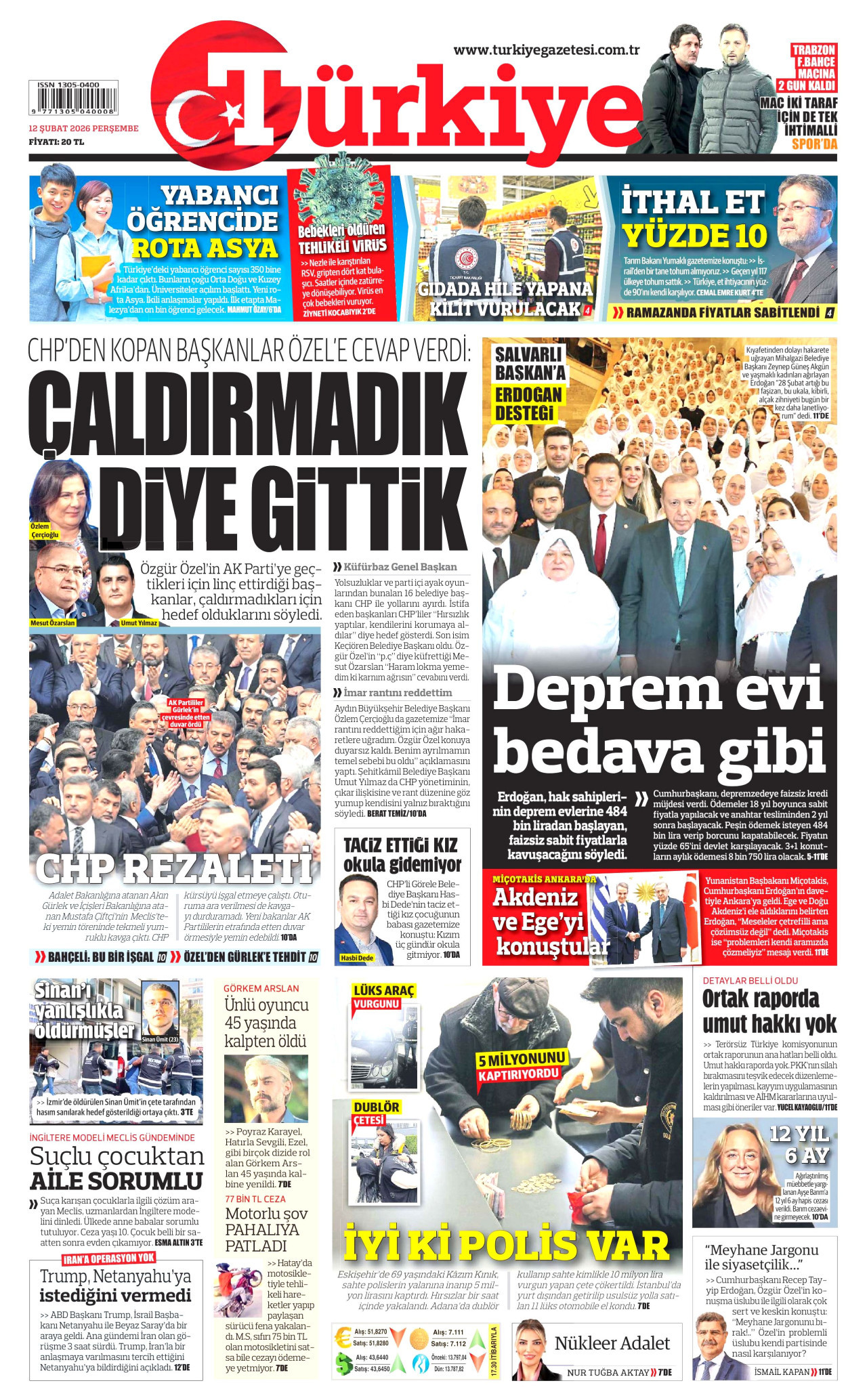 TÜRKİYE GAZETESİ gazetesinin 12 Şubat 2026 tarihli birinci sayfası