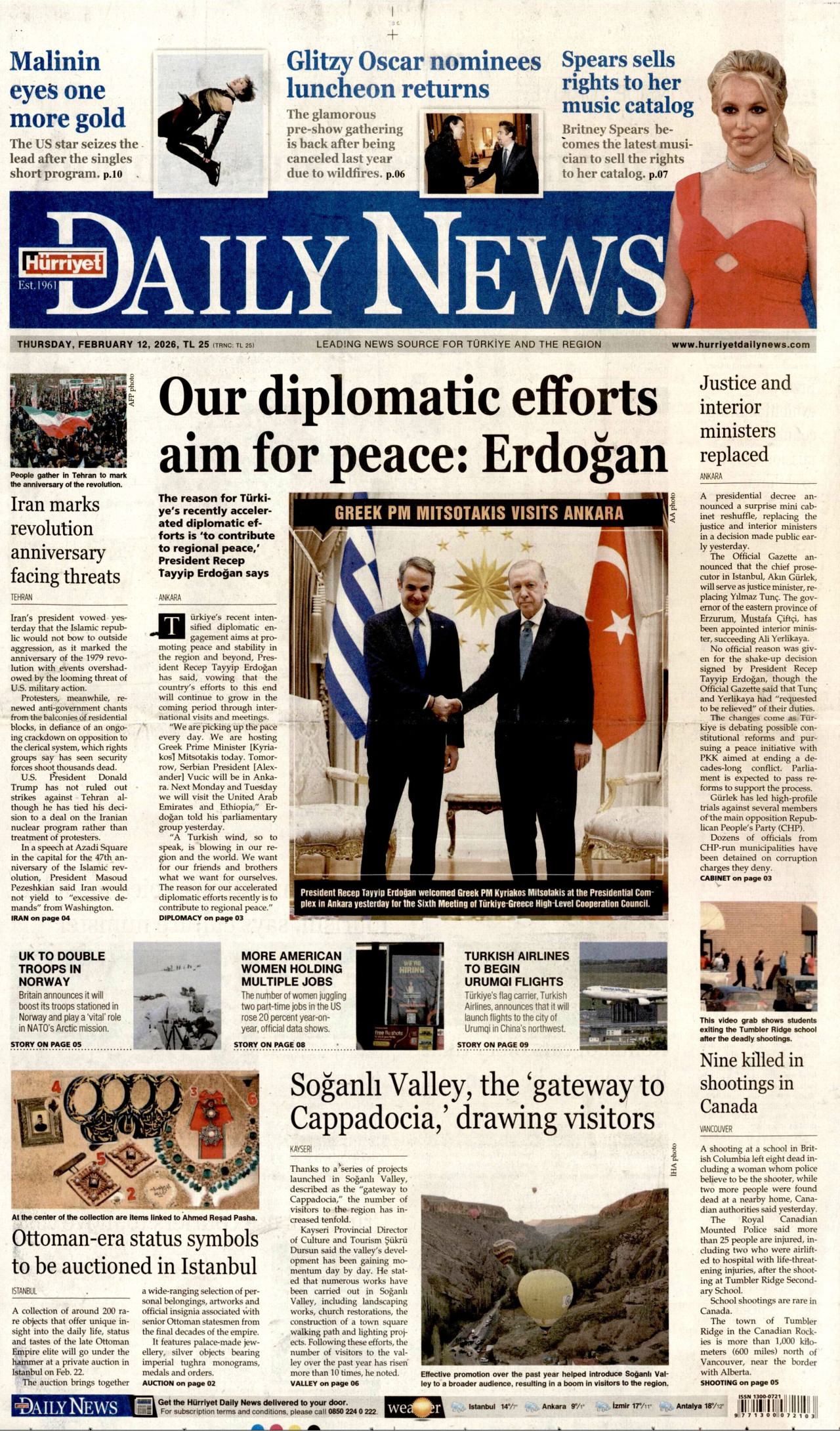 HÜRRİYET DAİLY NEWS gazetesinin 12 Şubat 2026 tarihli birinci sayfası