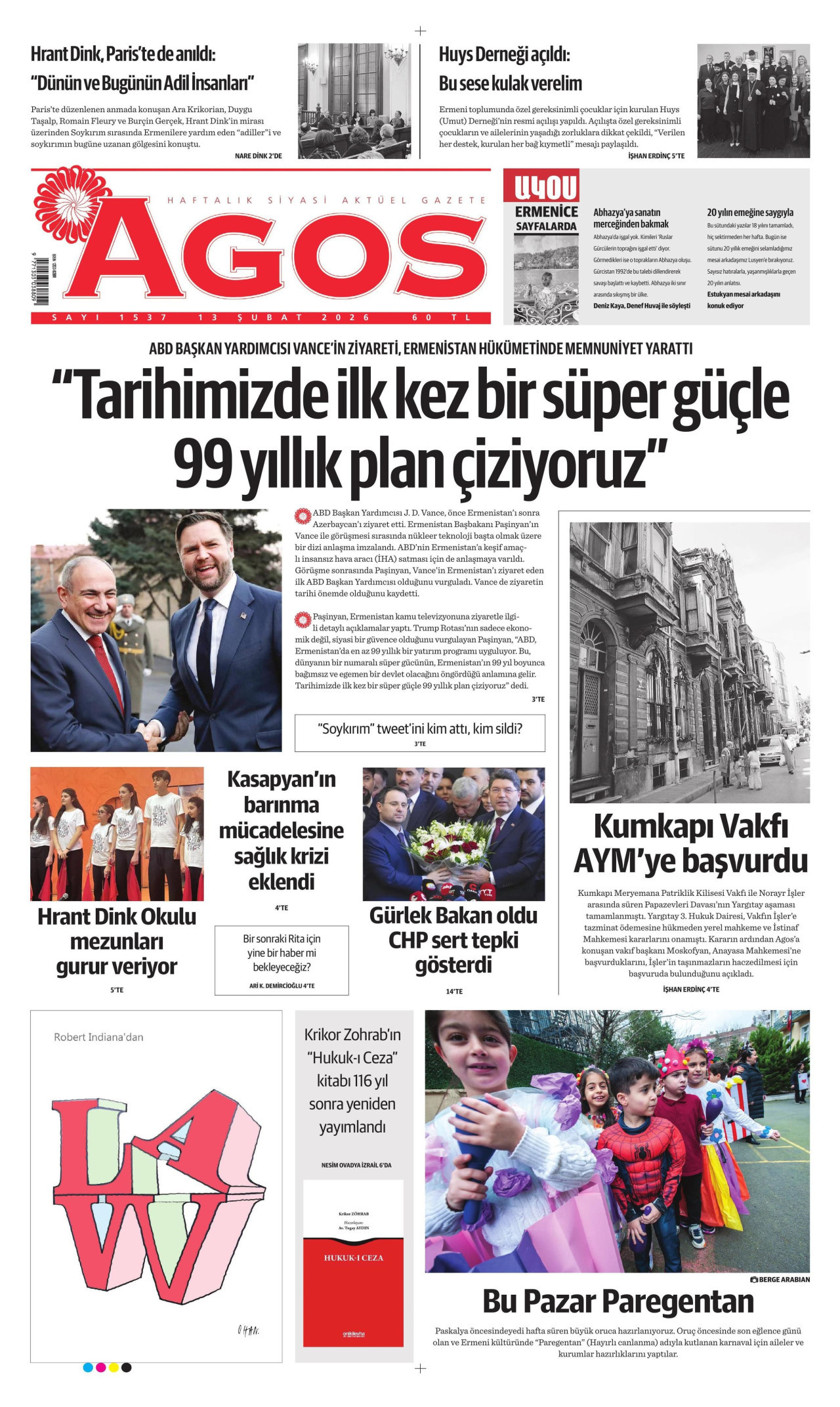 AGOS gazetesinin 13 Şubat 2026 tarihli birinci sayfası