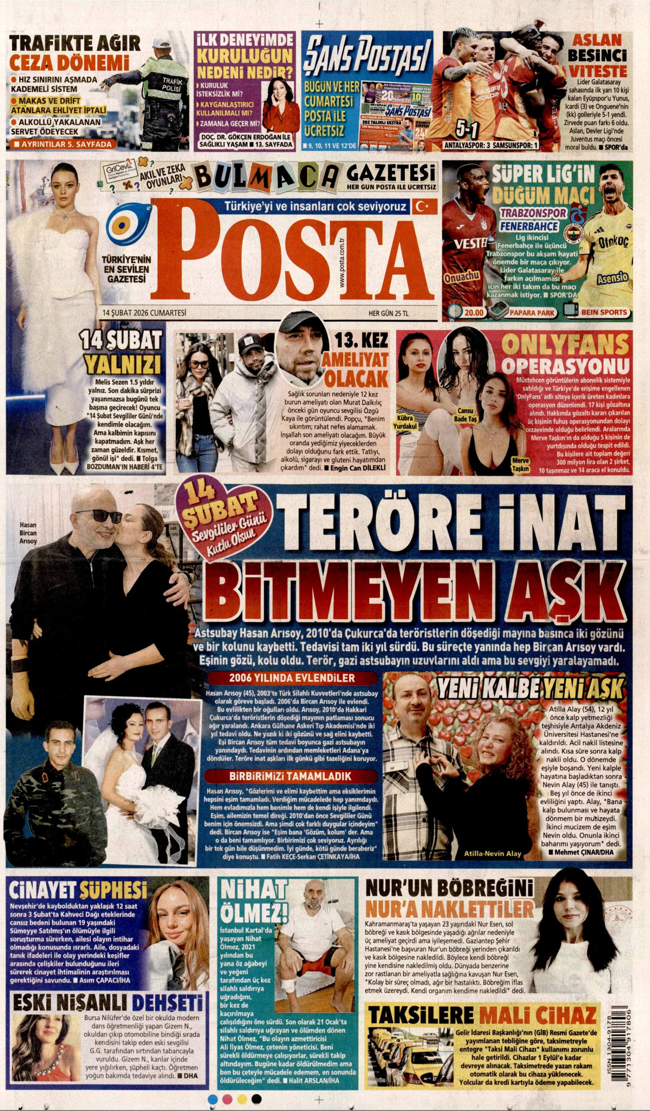 POSTA gazetesinin 14 Şubat 2026 tarihli birinci sayfası