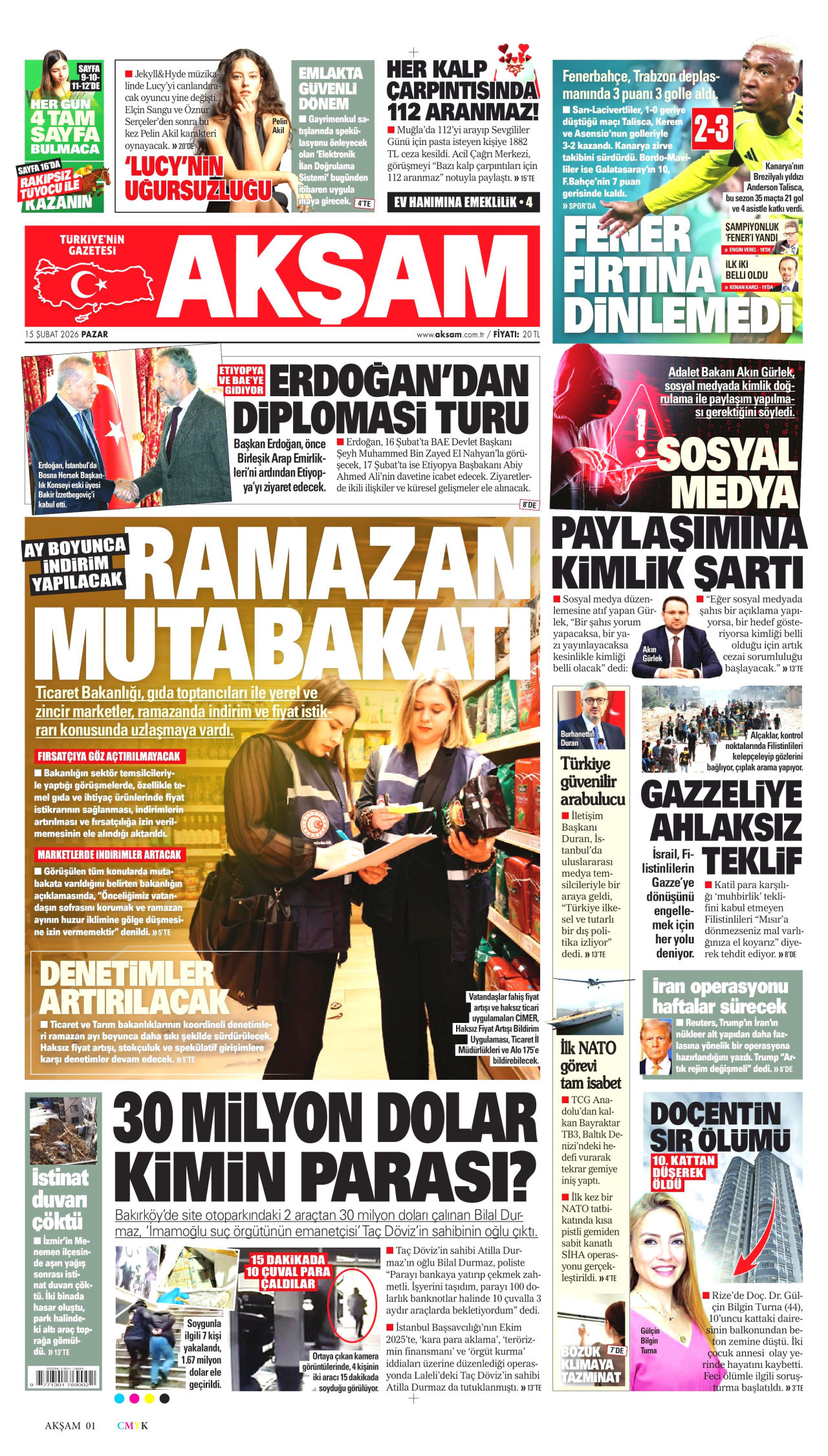AKŞAM gazetesinin 15 Şubat 2026 tarihli birinci sayfası