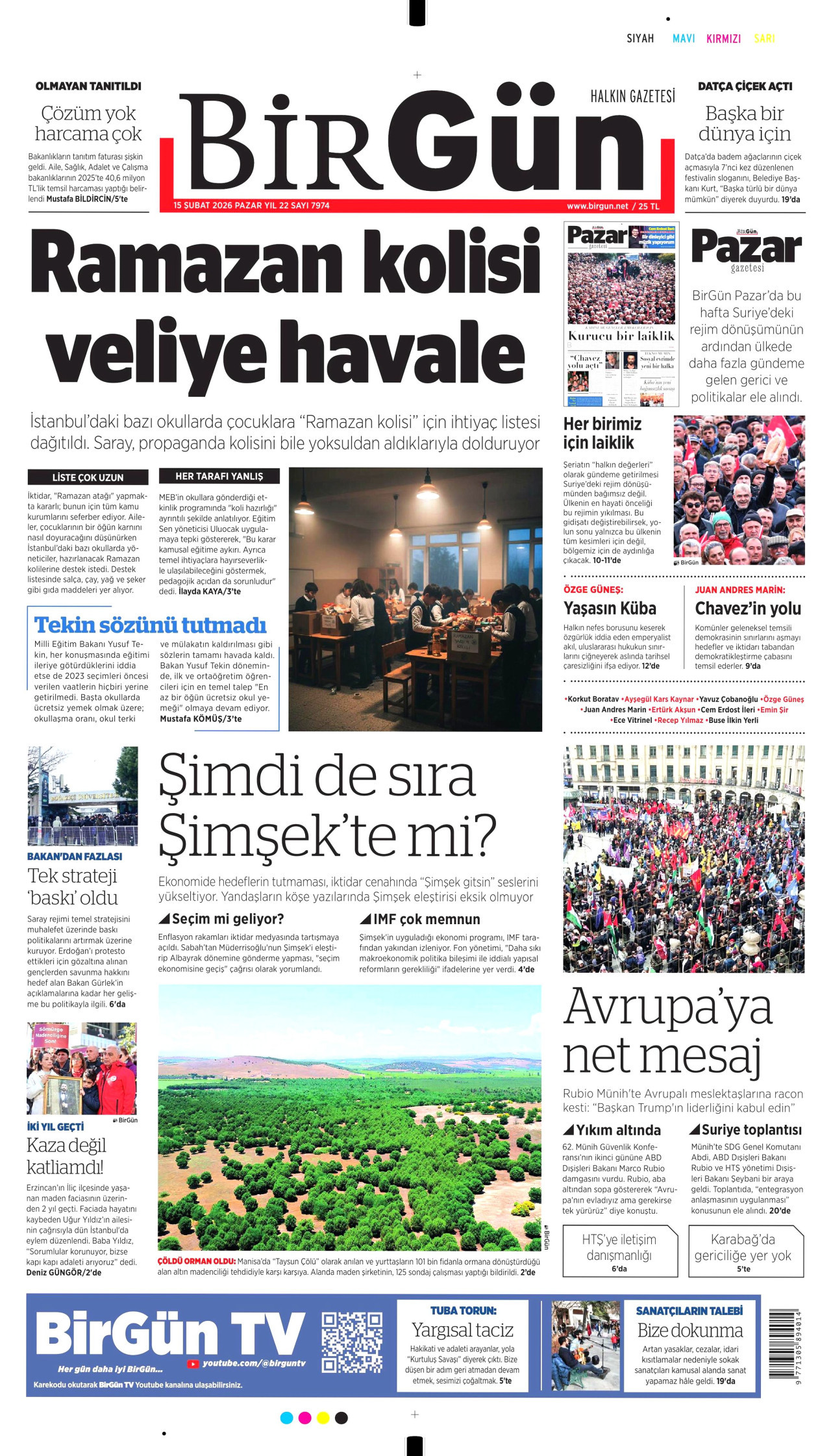 BİRGÜN gazetesinin 15 Şubat 2026 tarihli birinci sayfası