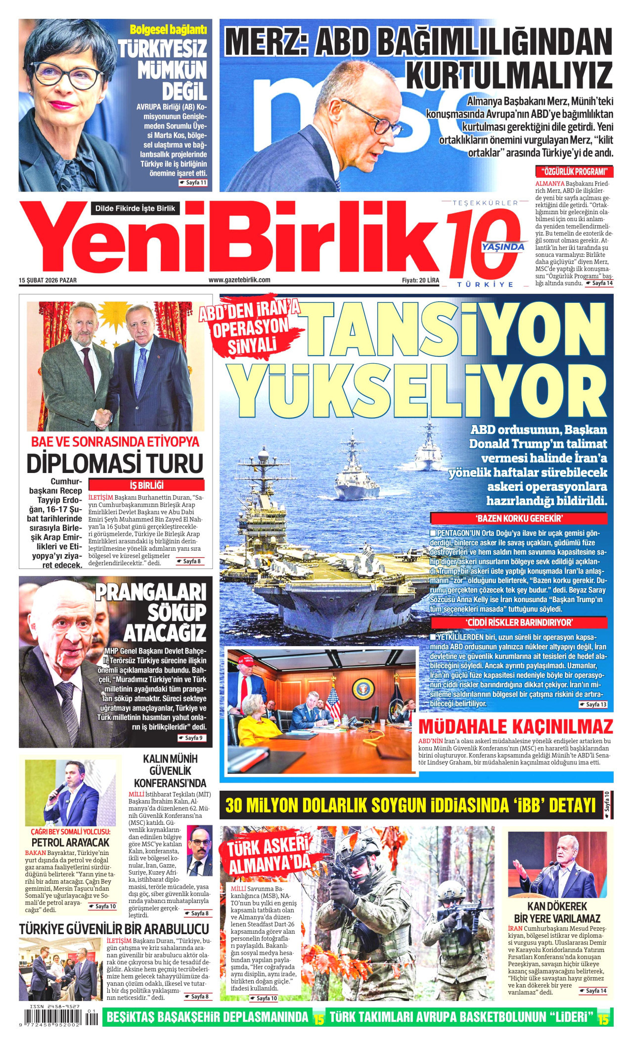 YENİBİRLİK gazetesinin 15 Şubat 2026 tarihli birinci sayfası