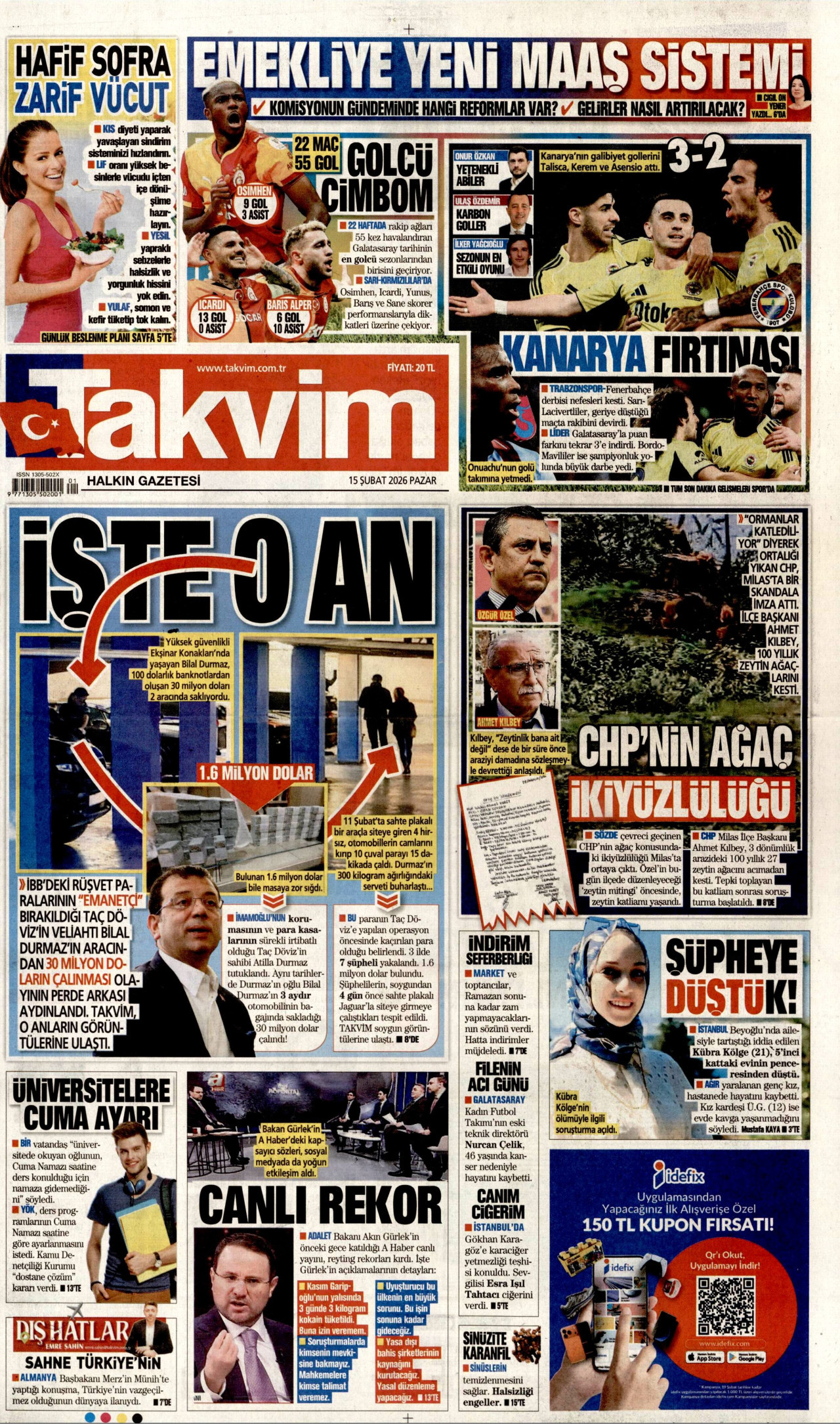 TAKVİM gazetesinin 15 Şubat 2026 tarihli birinci sayfası